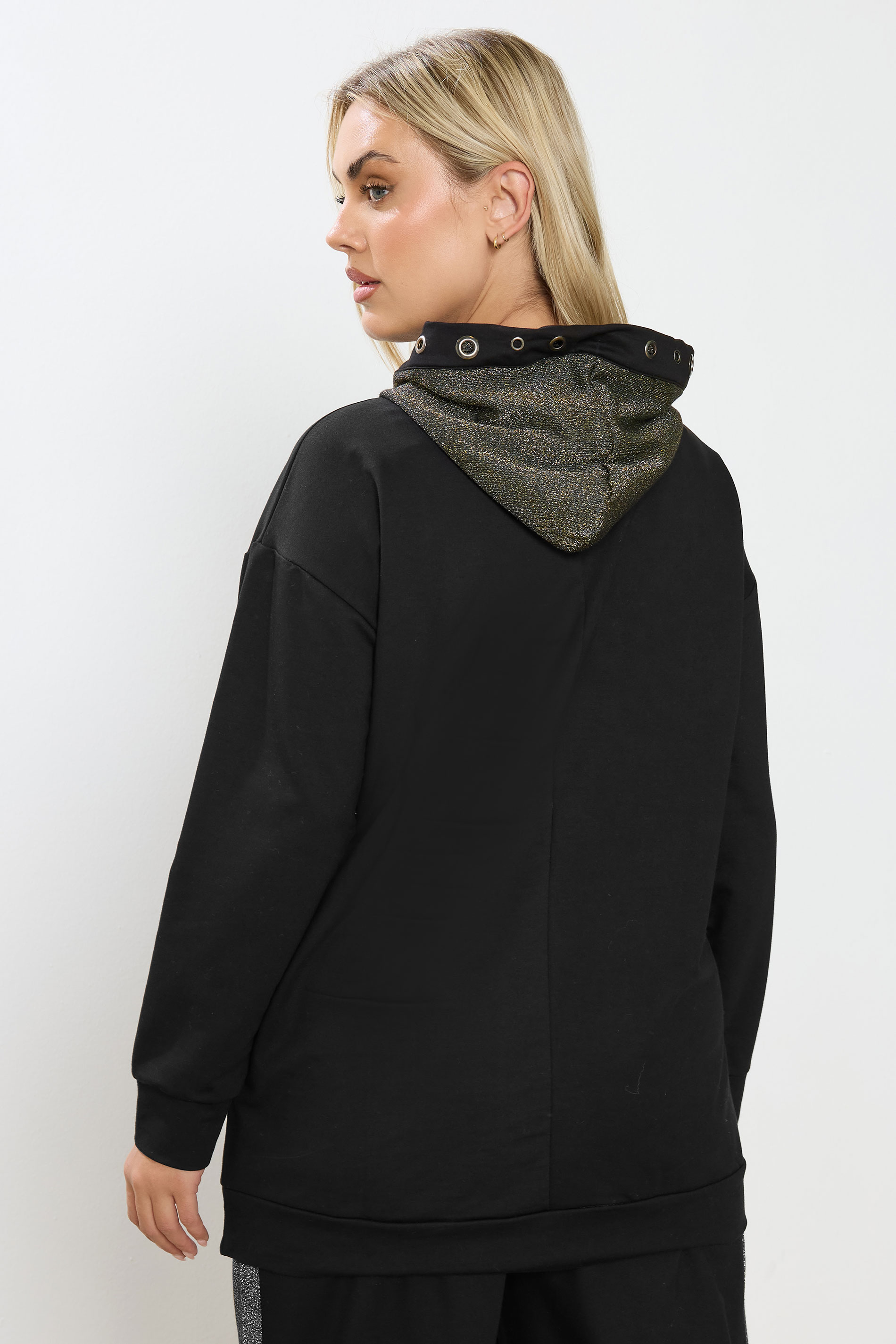 YOURS Plus Size Black & Gold Shimmer Trim Eyelet Hoodie | Yours Clothing 2