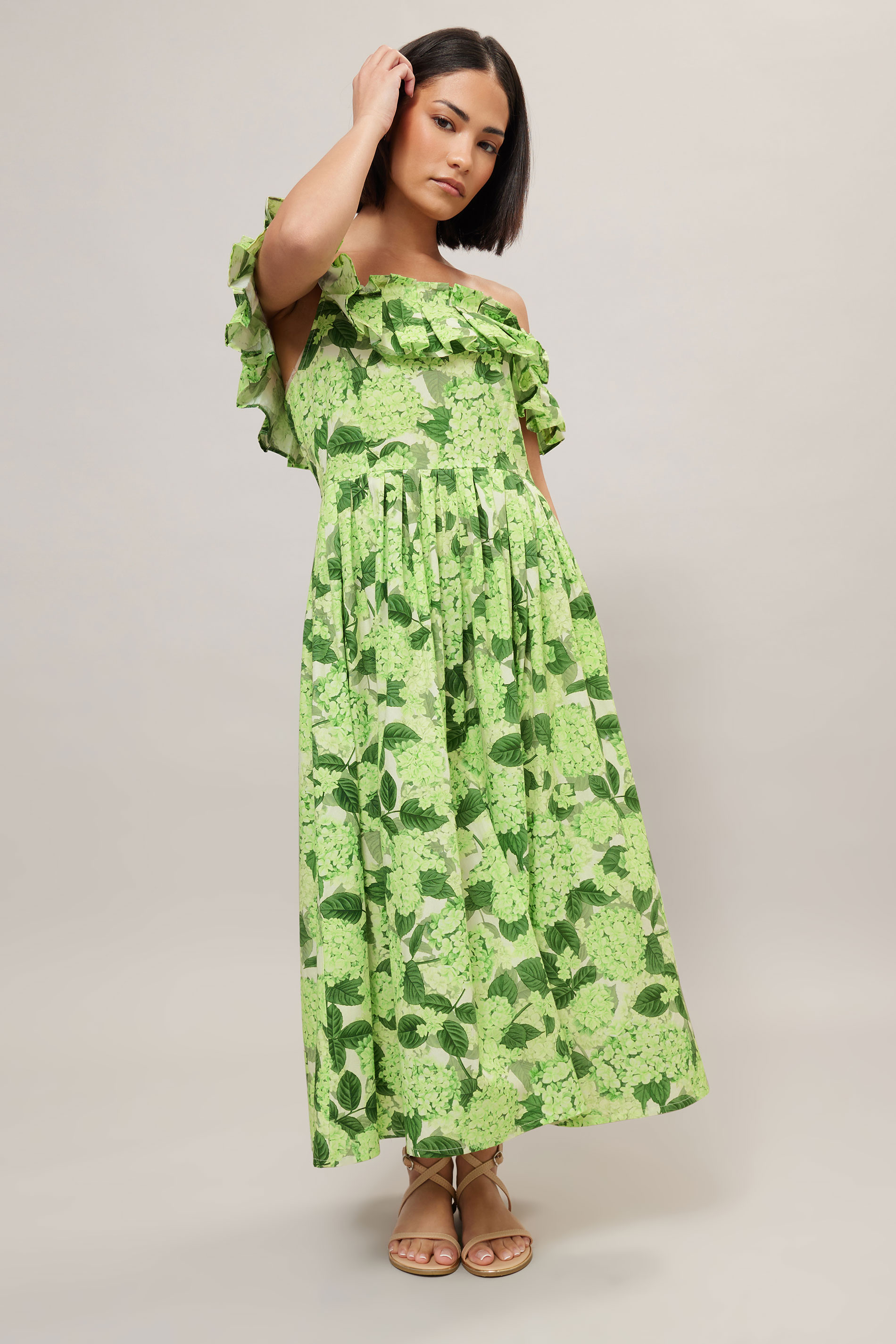 PixieGirl Petite Women's Green Floral Ruffle Cotton Bardot Midi Dress | PixieGirl 5