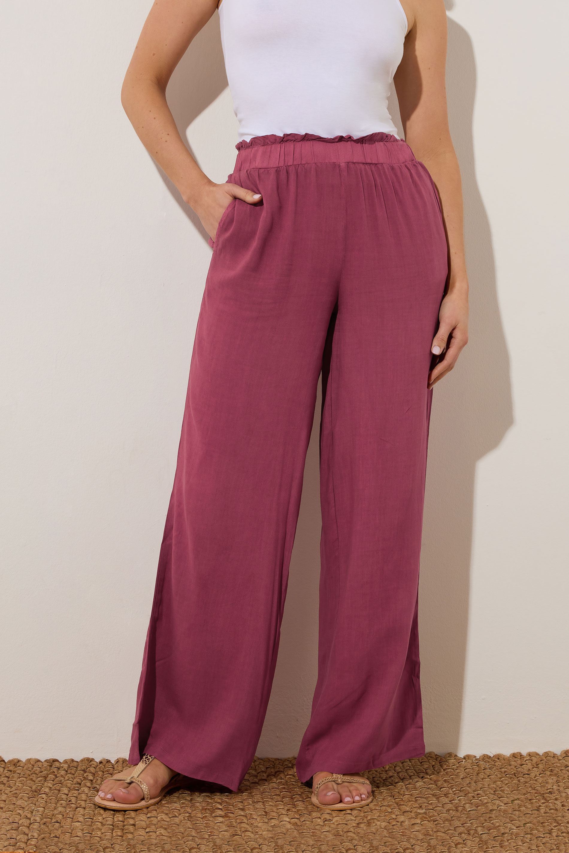 LTS Tall Berry Red Acid Wash Wide Leg Trousers | Long Tall Sally 1
