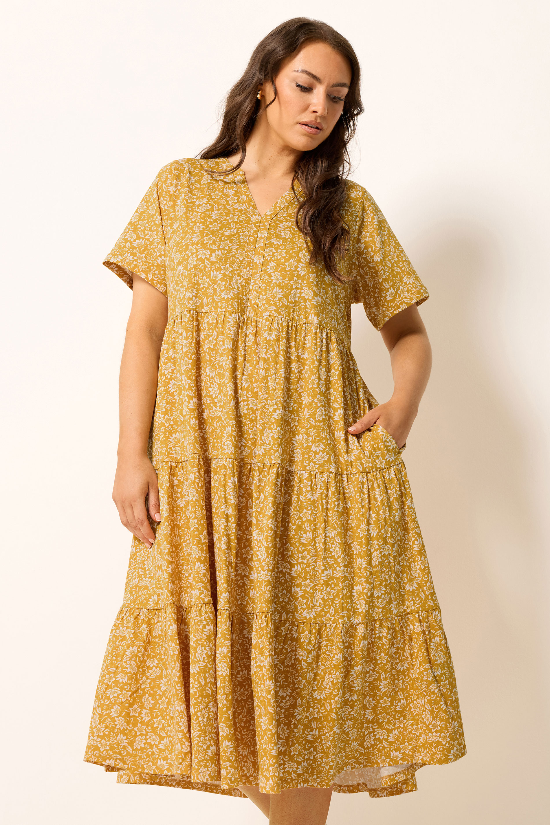 YOURS Plus Size Gold Yellow Floral Tiered Maxi Dress | Yours Clothing 1