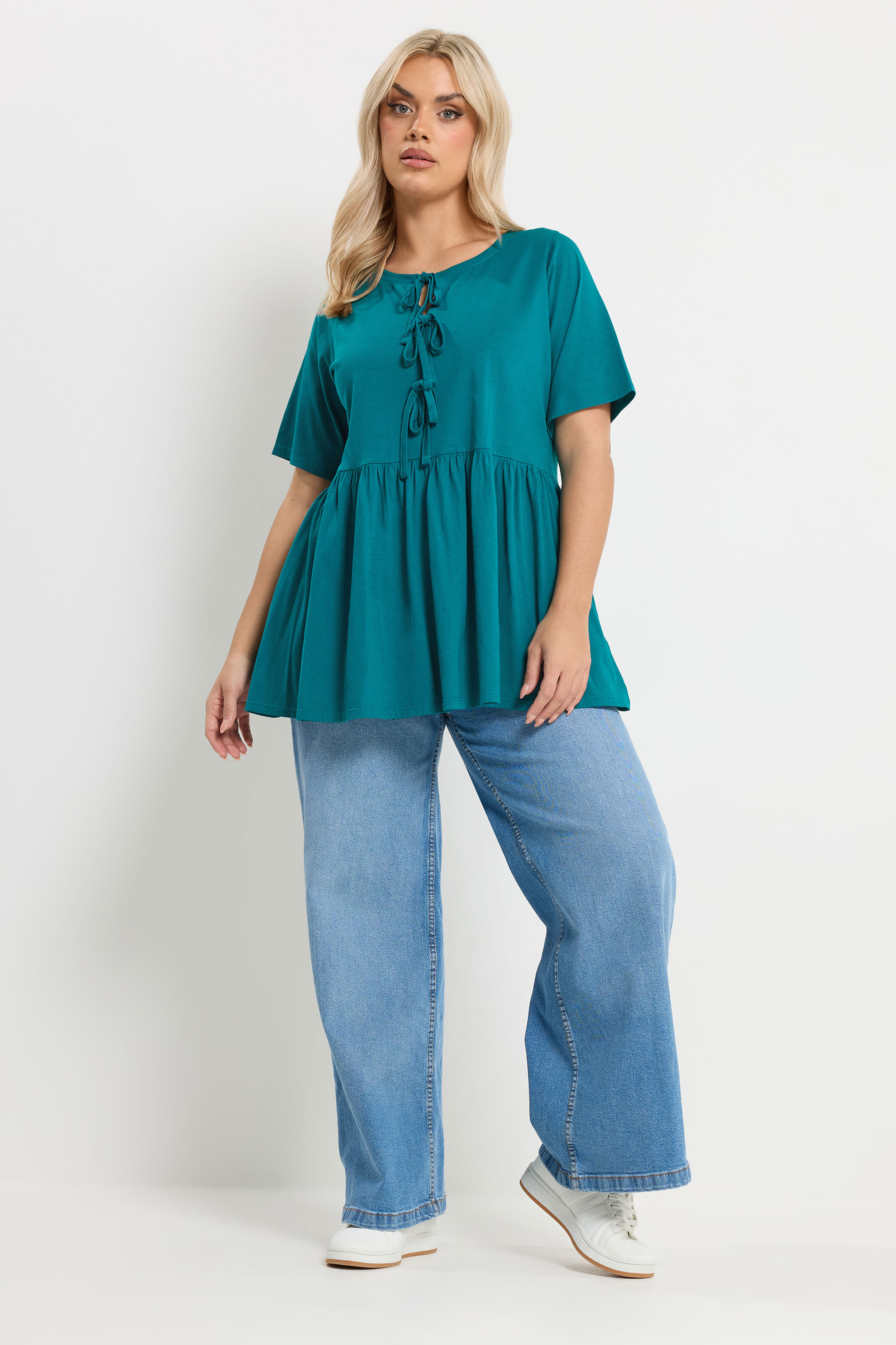 YOURS Plus Size Teal Blue Bow Tie Front Peplum Top | Yours Clothing 1