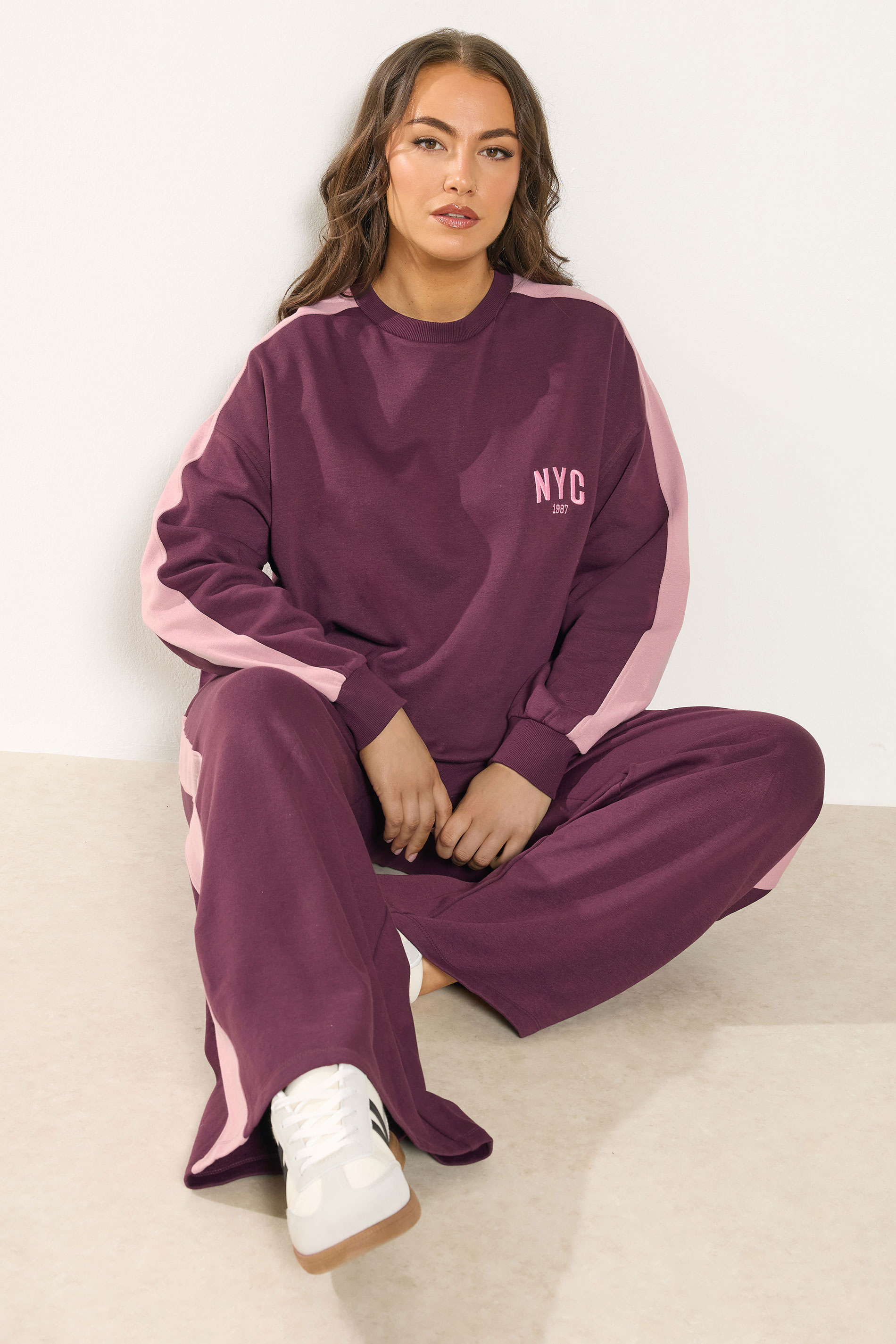 YOURS Plus Size Burgundy Red 'NYC' Side Stripe Sweatshirt | Yours Clothing 4