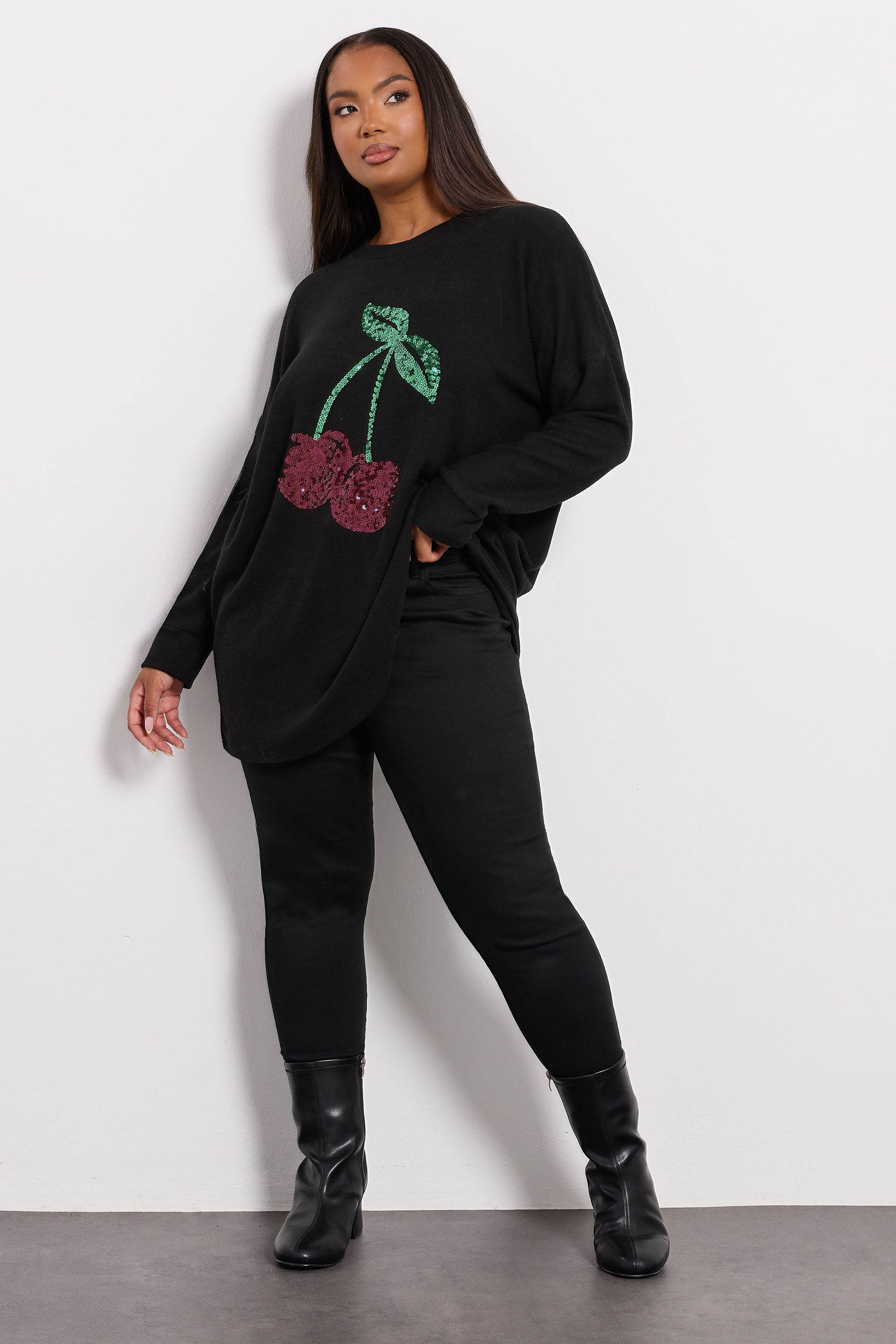 YOURS Plus Size Black Cherry Sequin Embellished Jumper | Yours Clothing 1