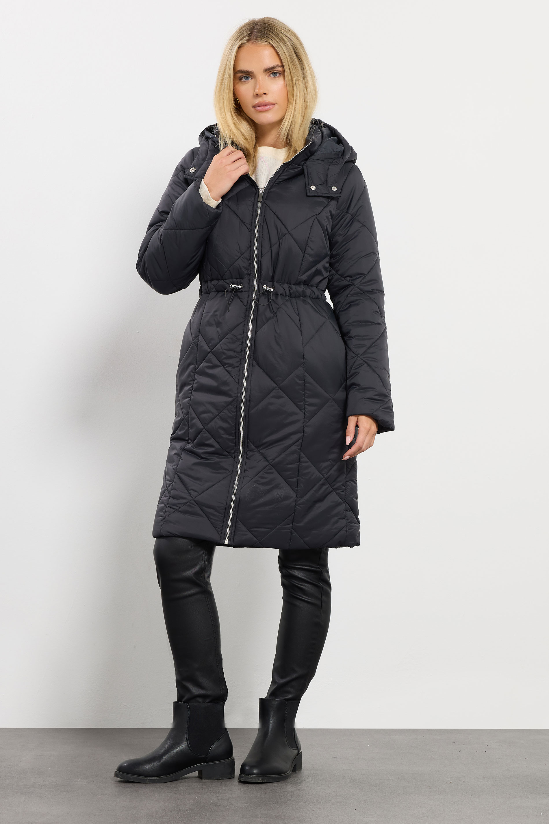 M&Co Petite Black Diamond Quilted Midi Coat | M&Co 1