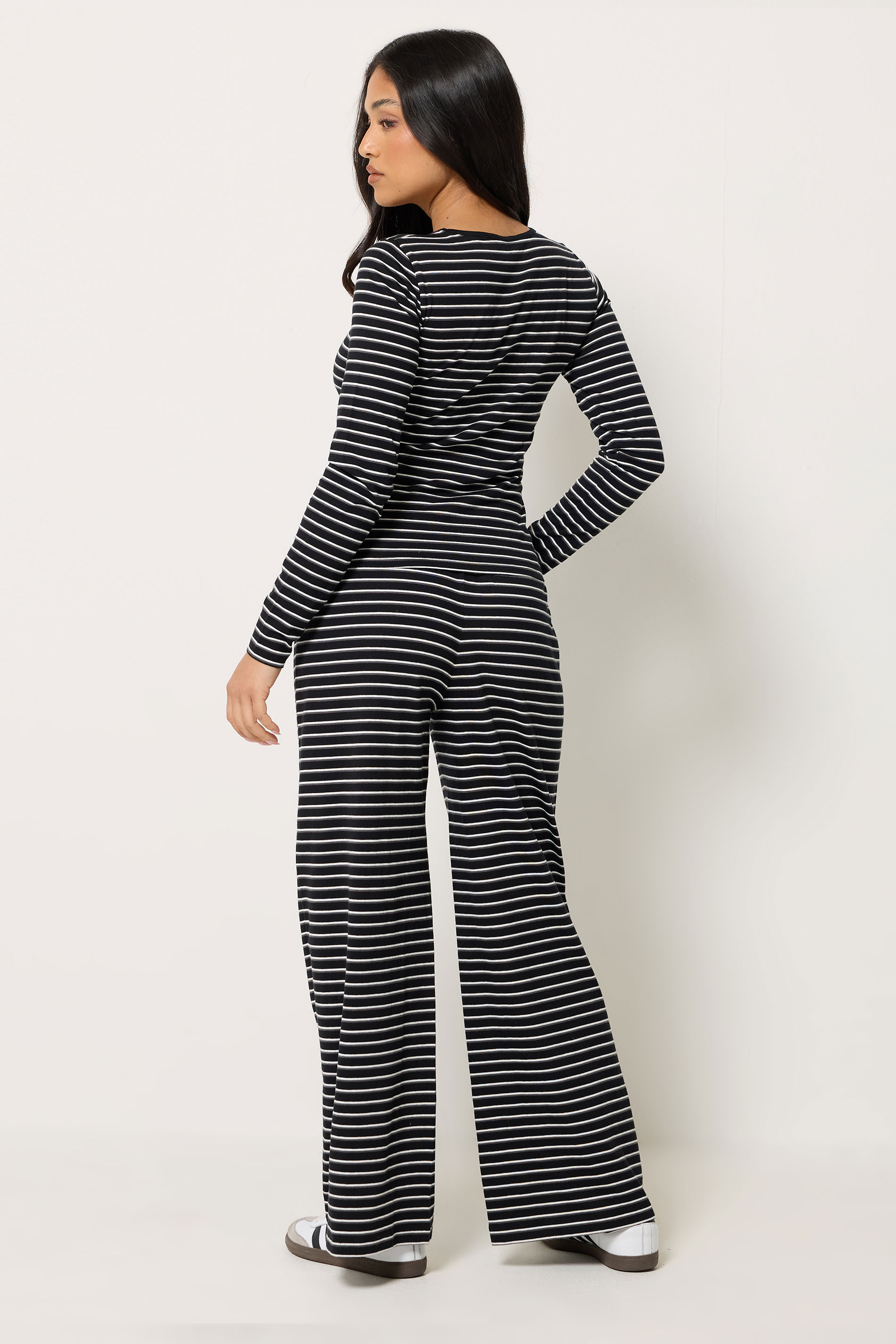 PixieGirl Petite Women's Set Black Stripe Cotton Button Top & Wide Leg Trousers | PixieGirl 2