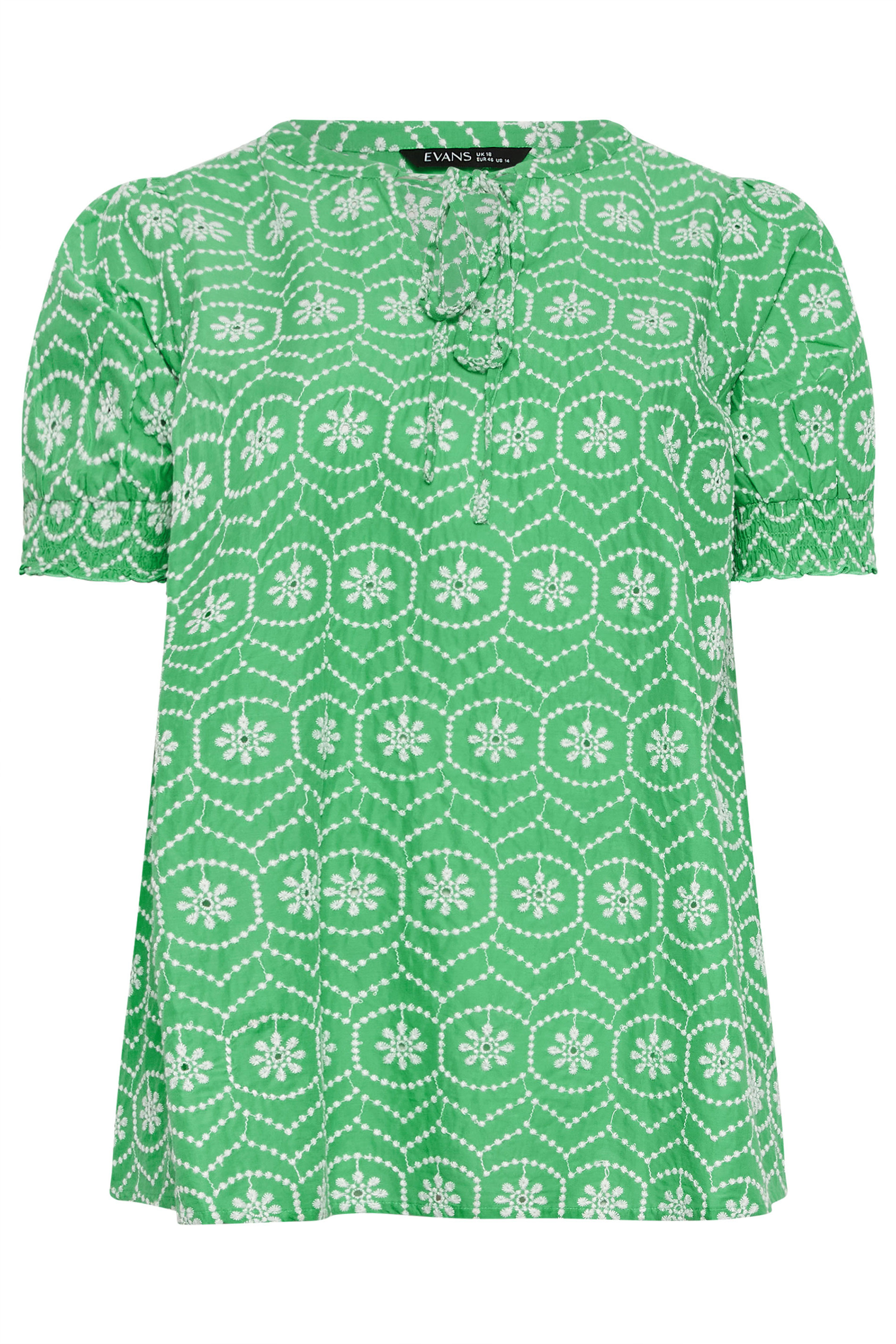 EVANS Plus Size Green Floral Broderie Tie Neck Blouse | Evans 5