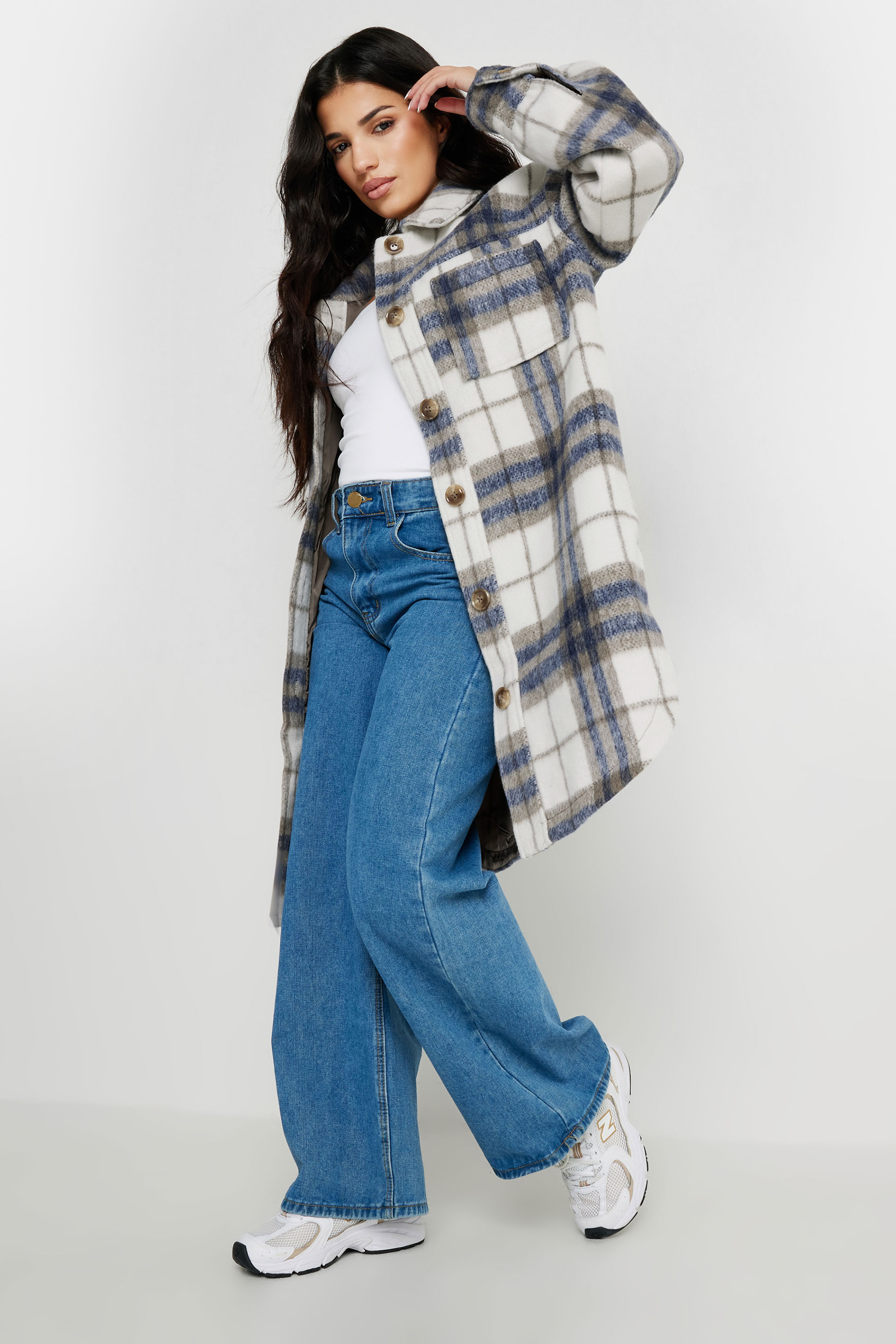 PixieGirl Petite Women's Blue Blurred Check Print Longline Shacket | PixieGirl 2