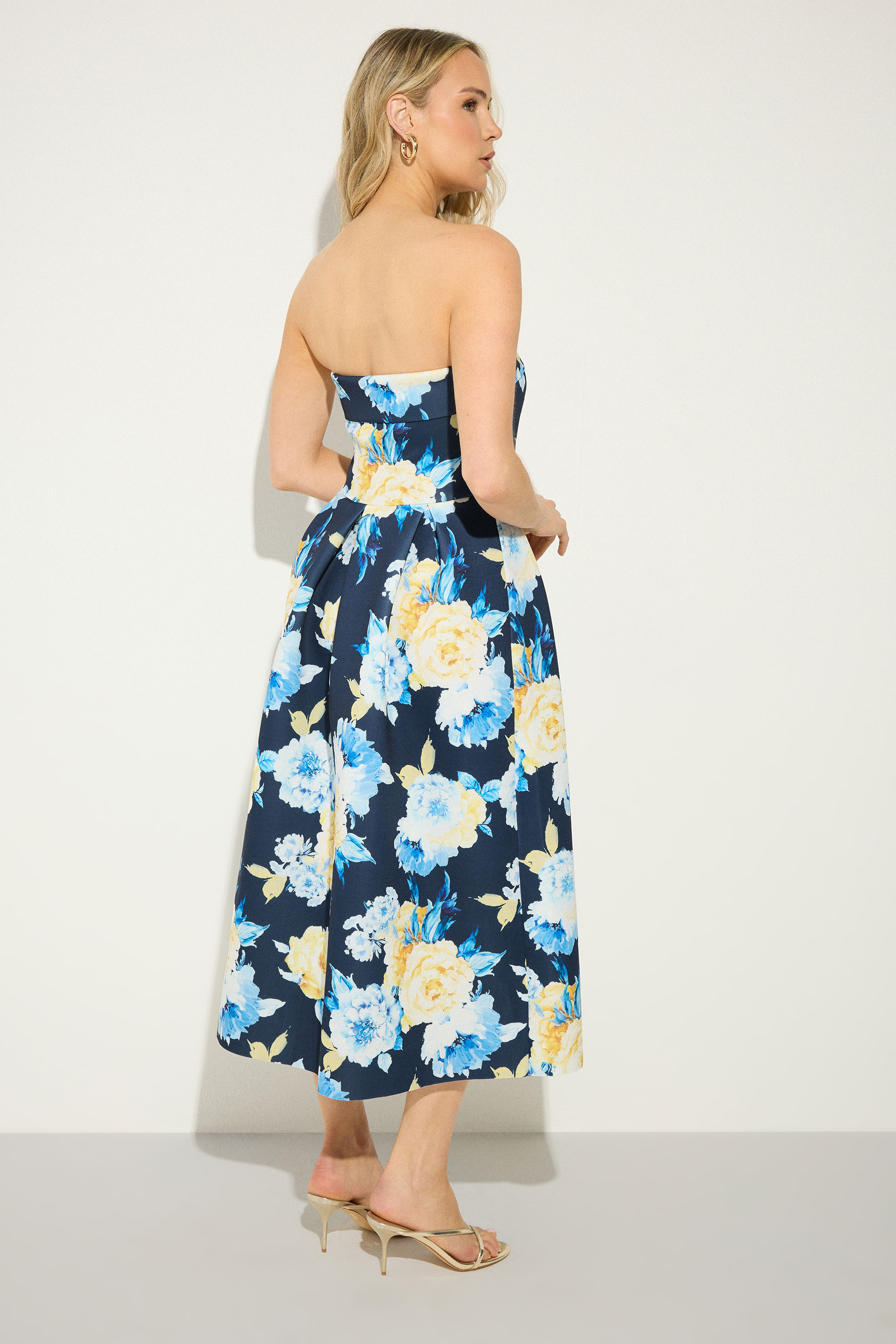 LTS Tall Women's Navy Blue Bandeau Floral Pleated Midi Dress | Long Tall Sally 2