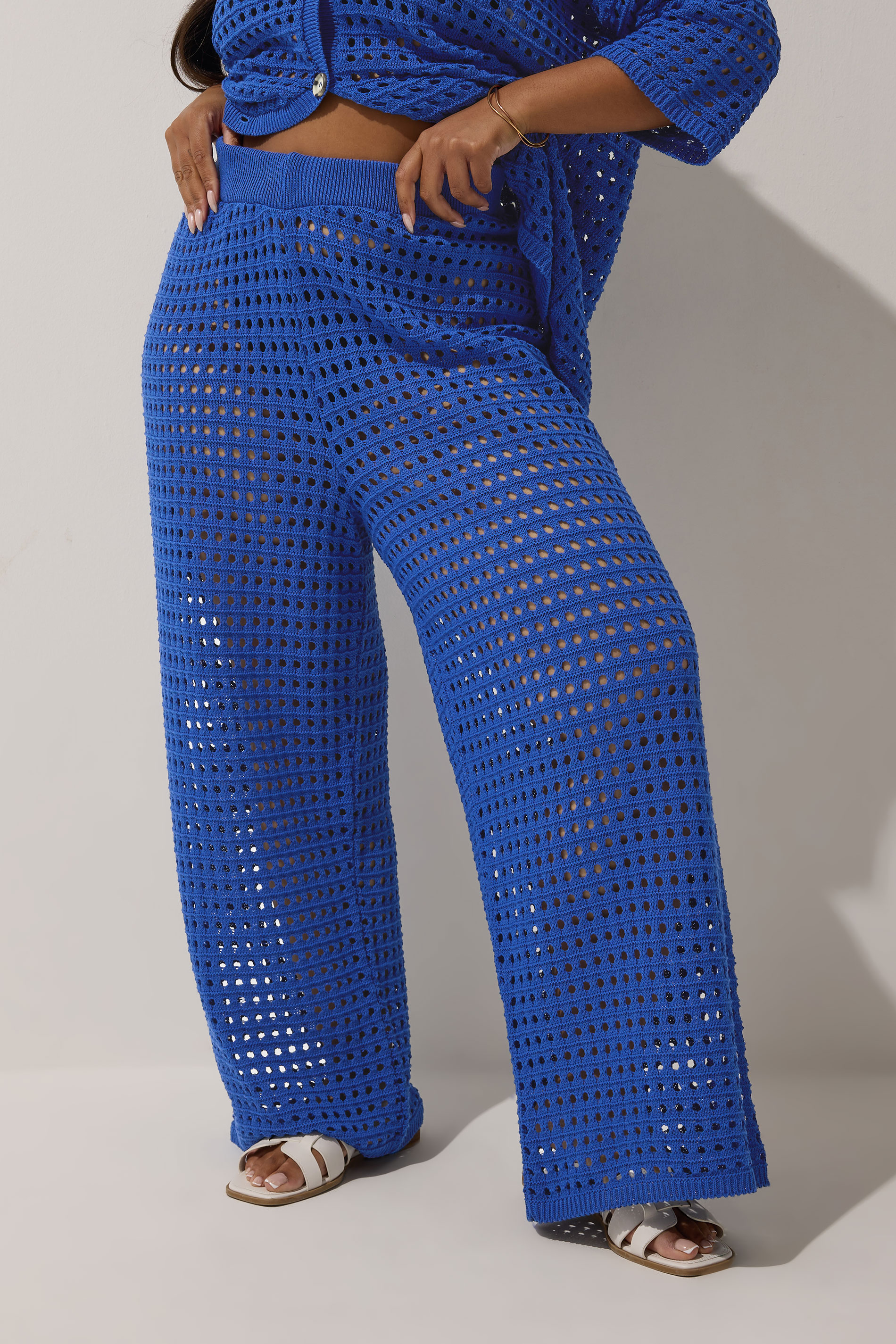 LIMITED COLLECTION Plus Size Cobalt Blue Crochet Wide Leg Trousers | Yours Clothing 1