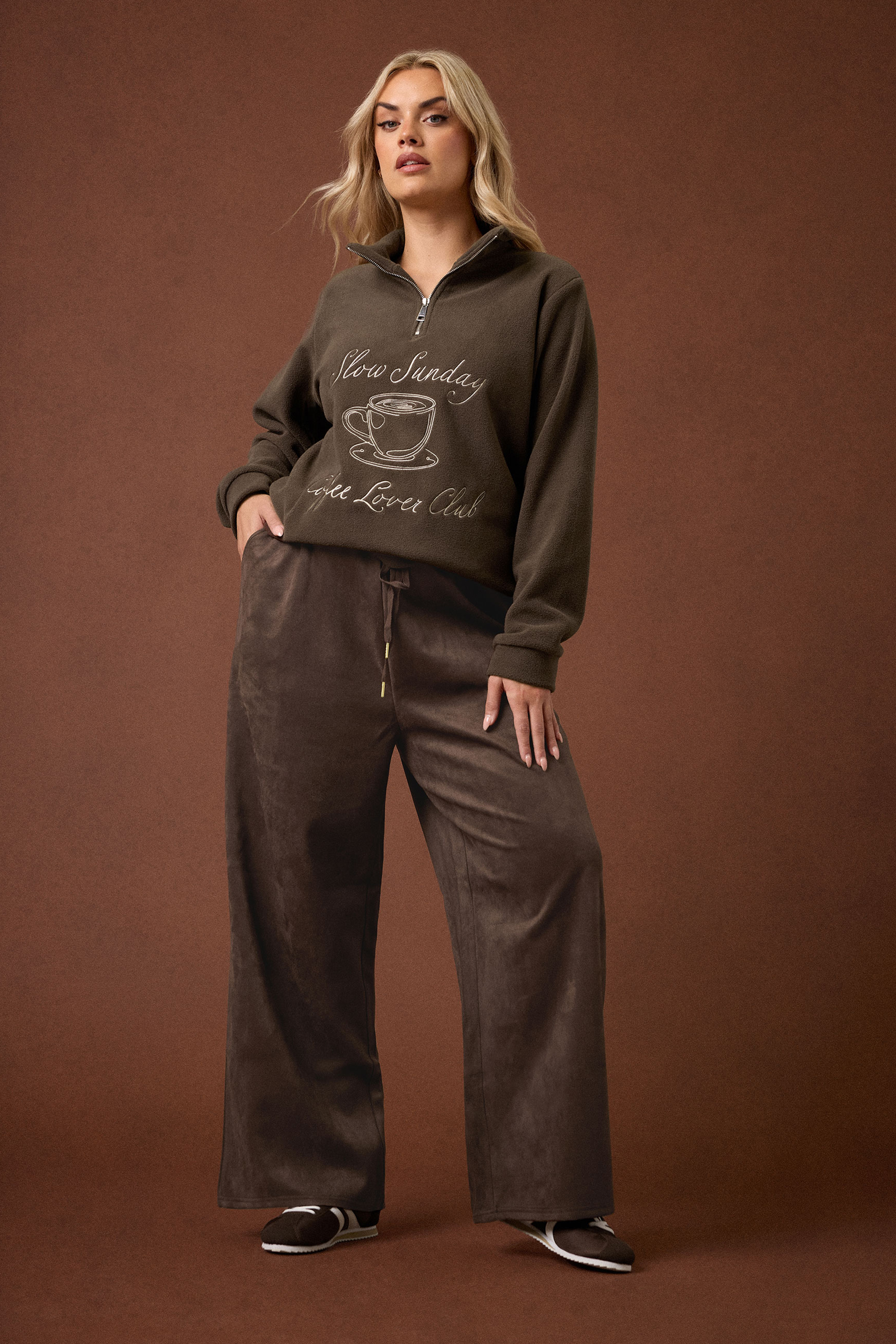 YOURS Plus Size Chocolate Brown Faux Suede Wide Leg Trousers | Yours Clothing 3