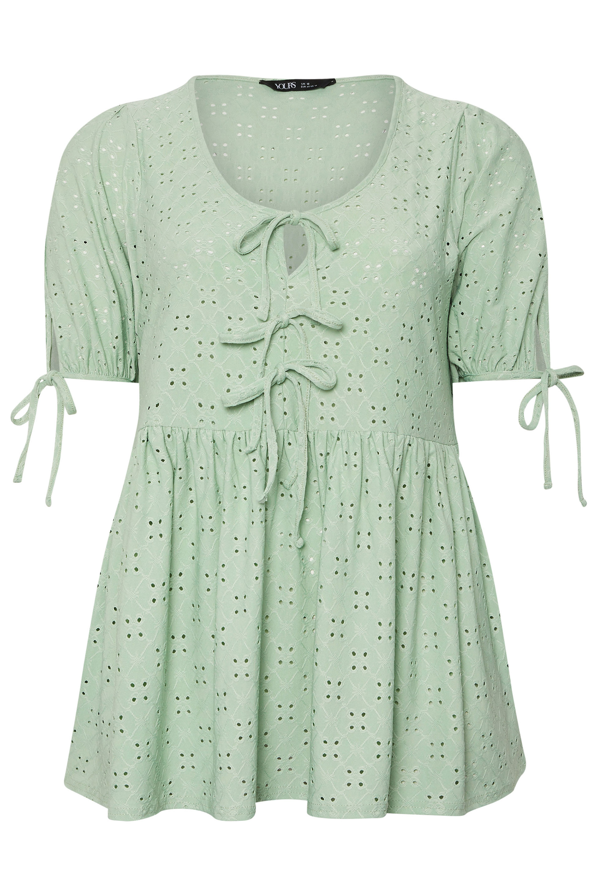 YOURS Plus Size Green Broderie Anglaise Tie Front Peplum Top | Yours Clothing 6