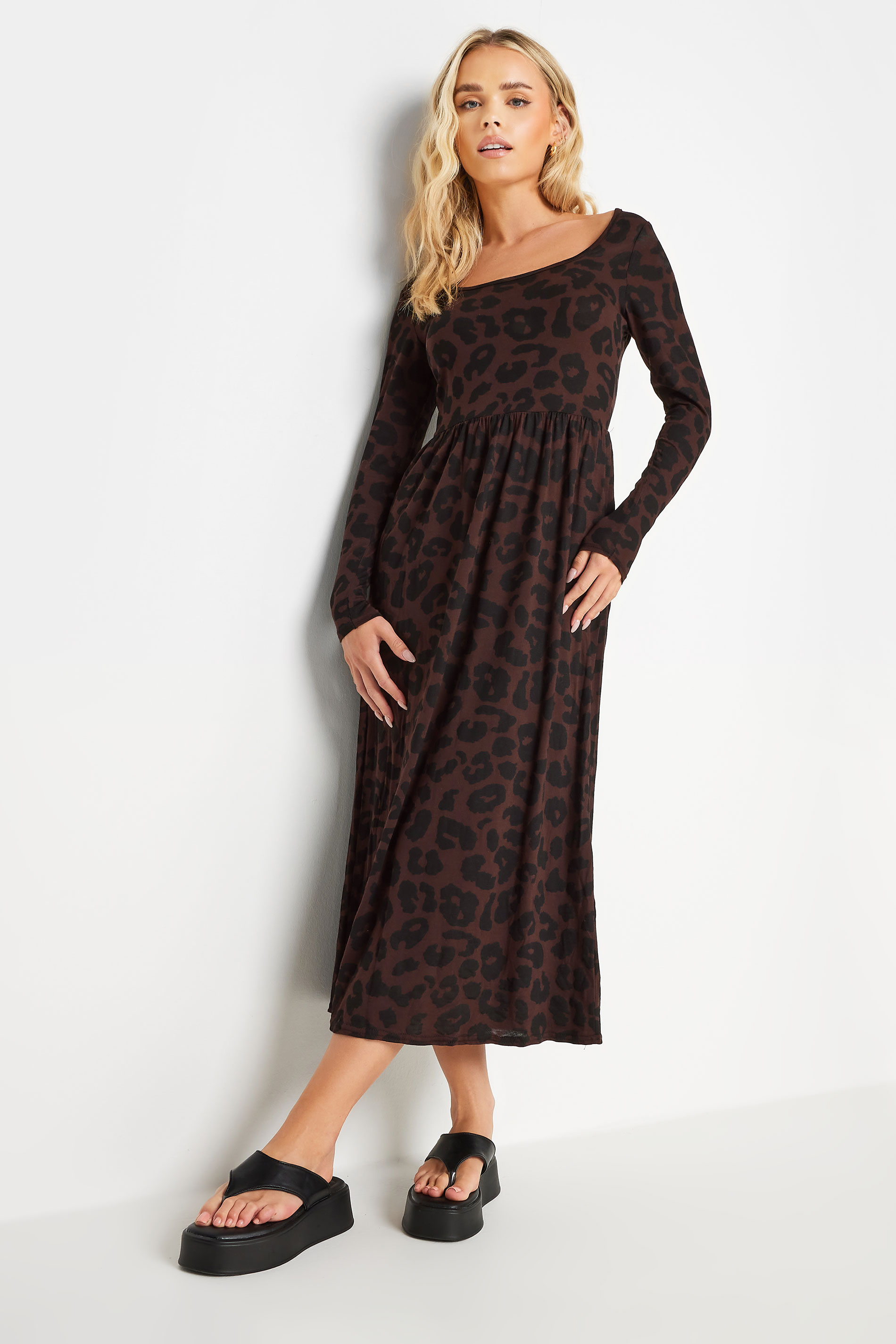 PixieGirl Petite Brown Leopard Print Long Sleeve Midi Dress | PixieGirl  1