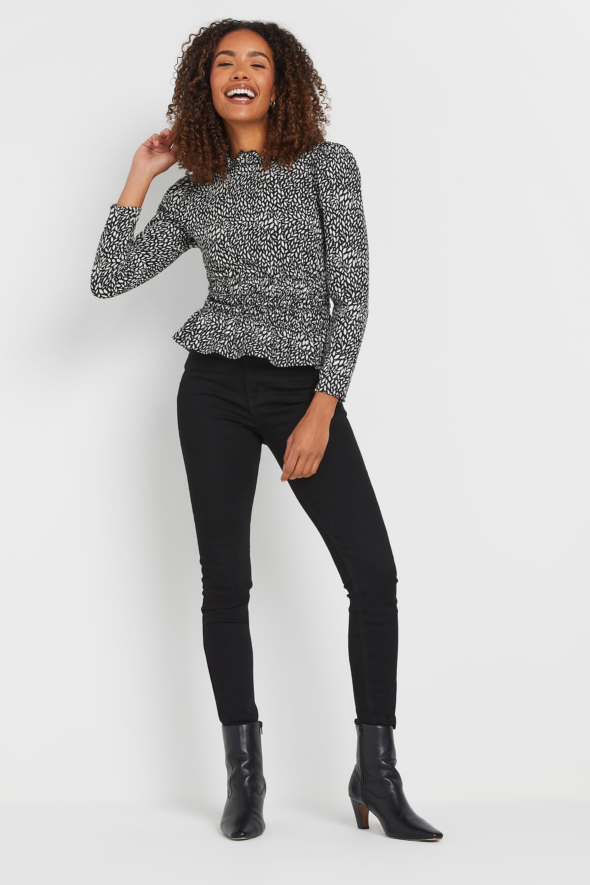 M&Co Black Abstract Print Shirred Peplum Top | M&Co 1