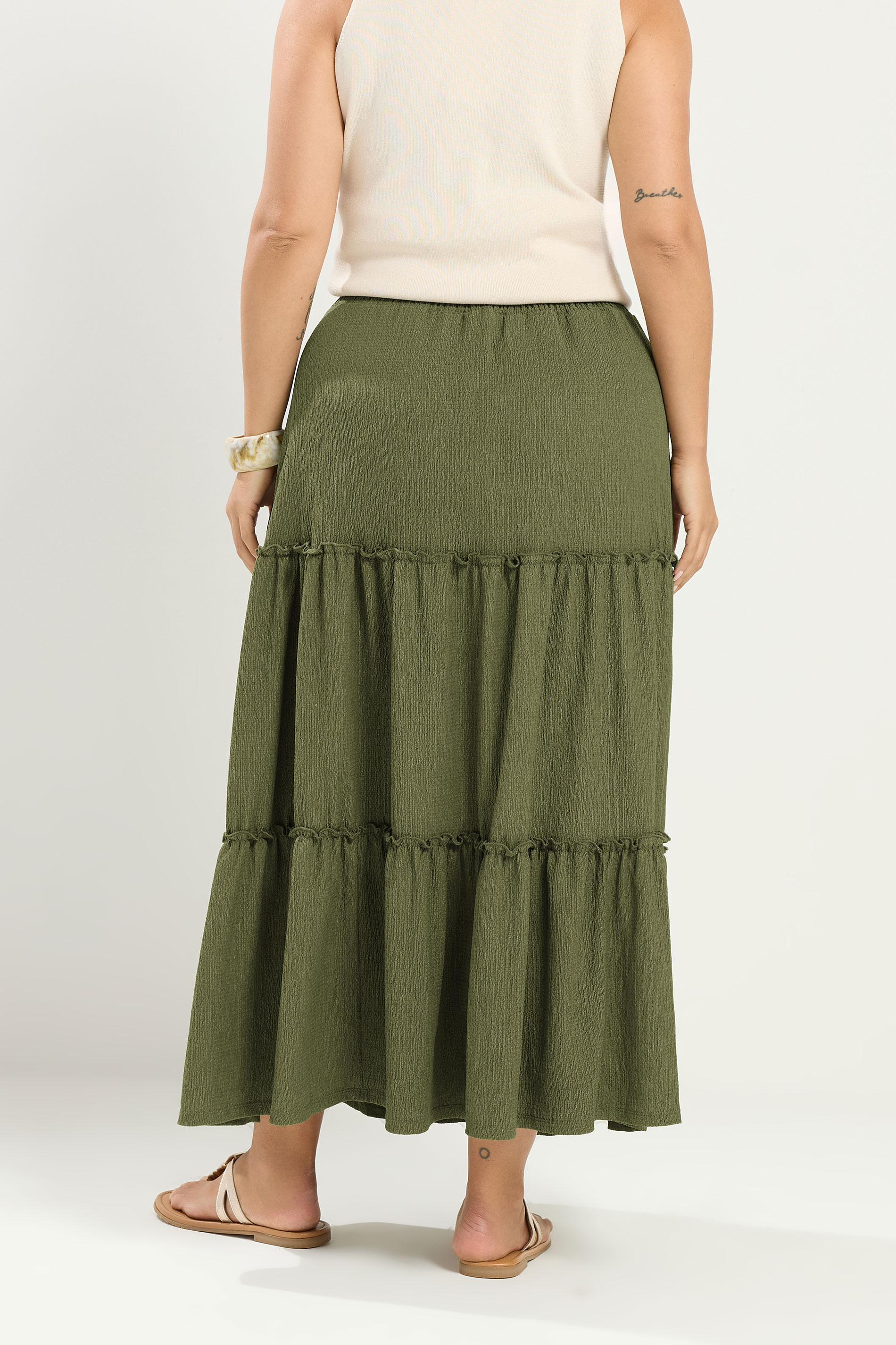 YOURS Plus Size Khaki Green Tiered Maxi Skirt | Yours Clothing 2