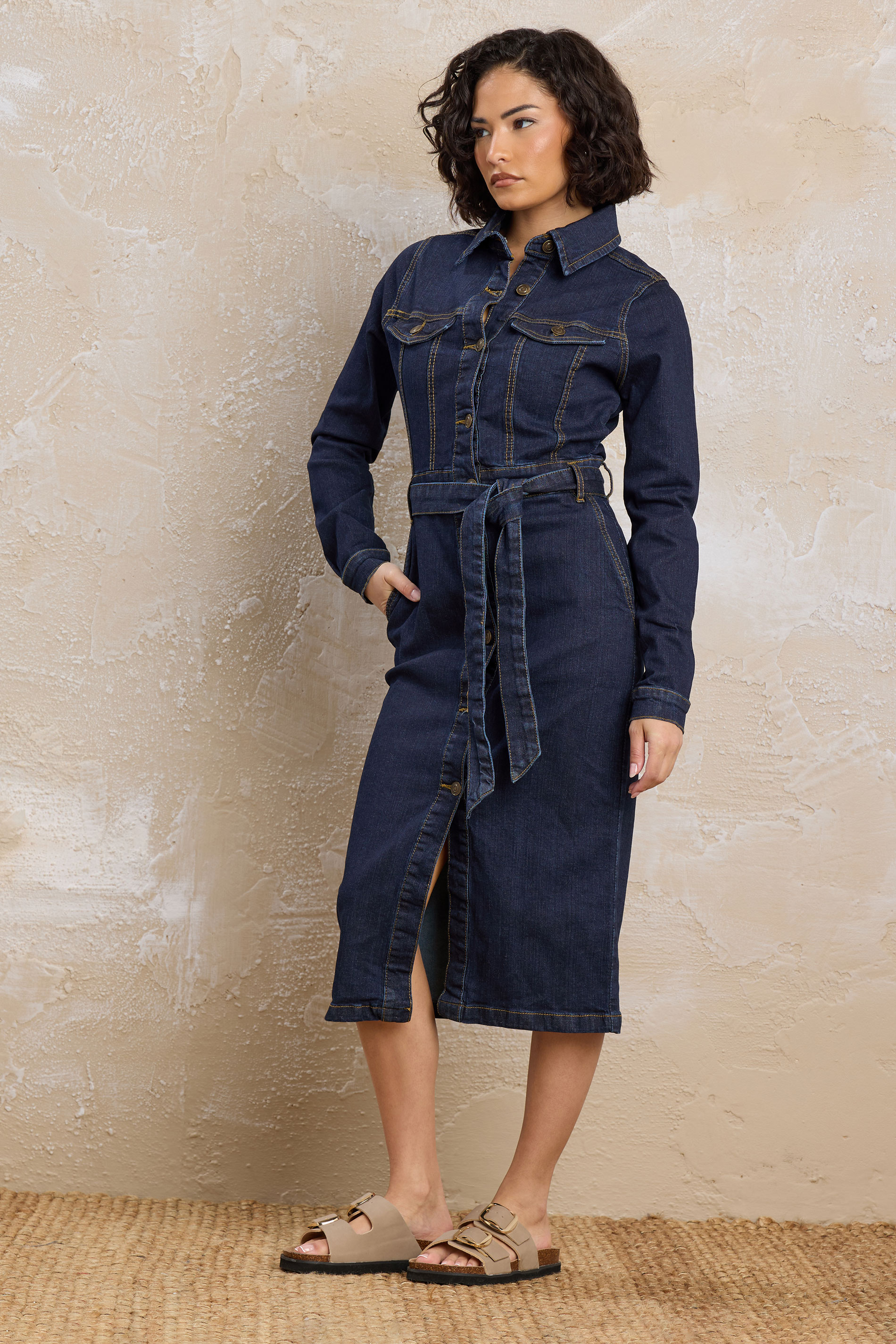 PixieGirl Petite Women's Indigo Blue Denim Tie Waist Midi Dress | PixieGirl 4
