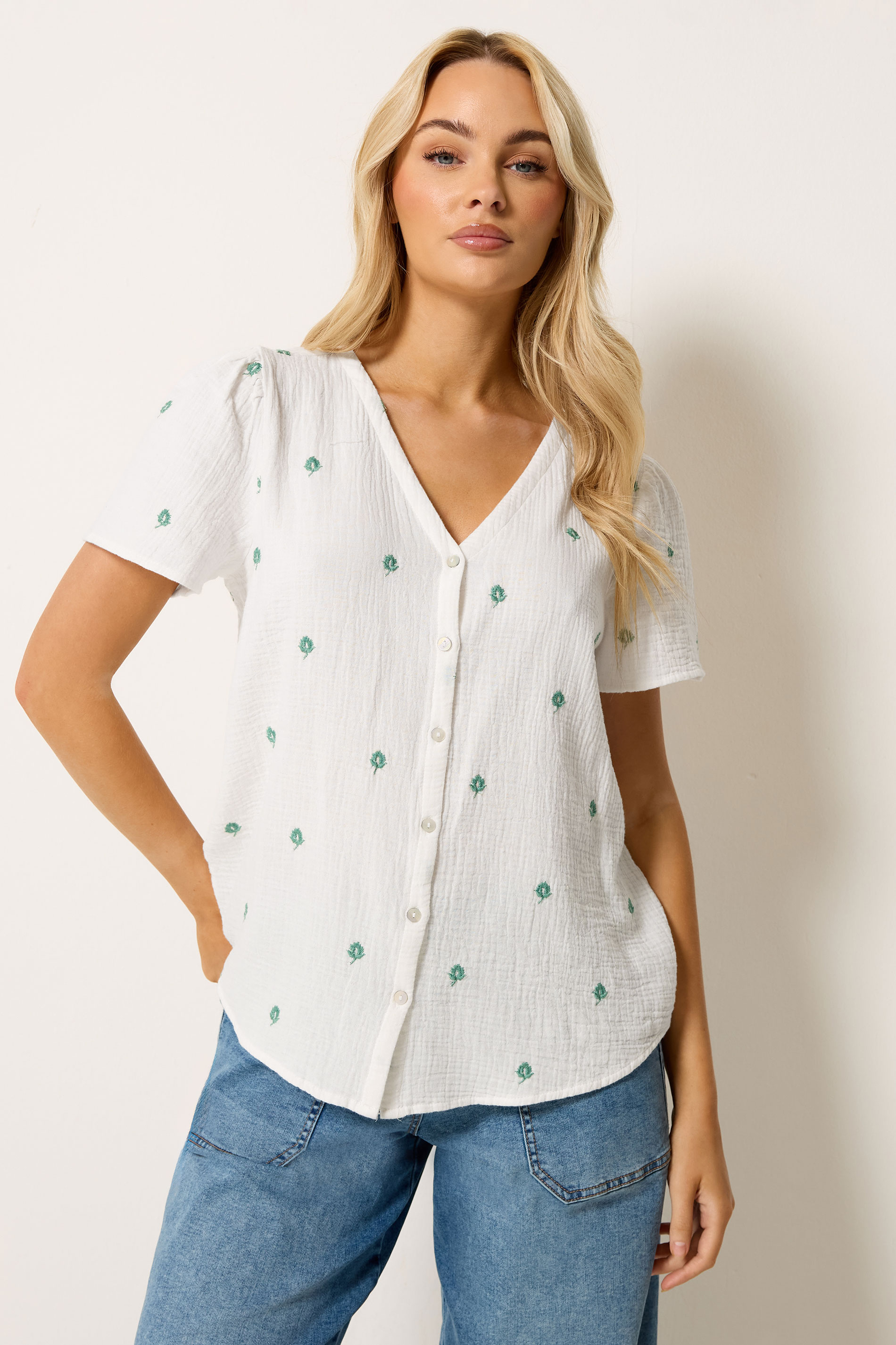 M&Co White Floral Embroidered Short Sleeve Cotton Blouse | M&Co 3