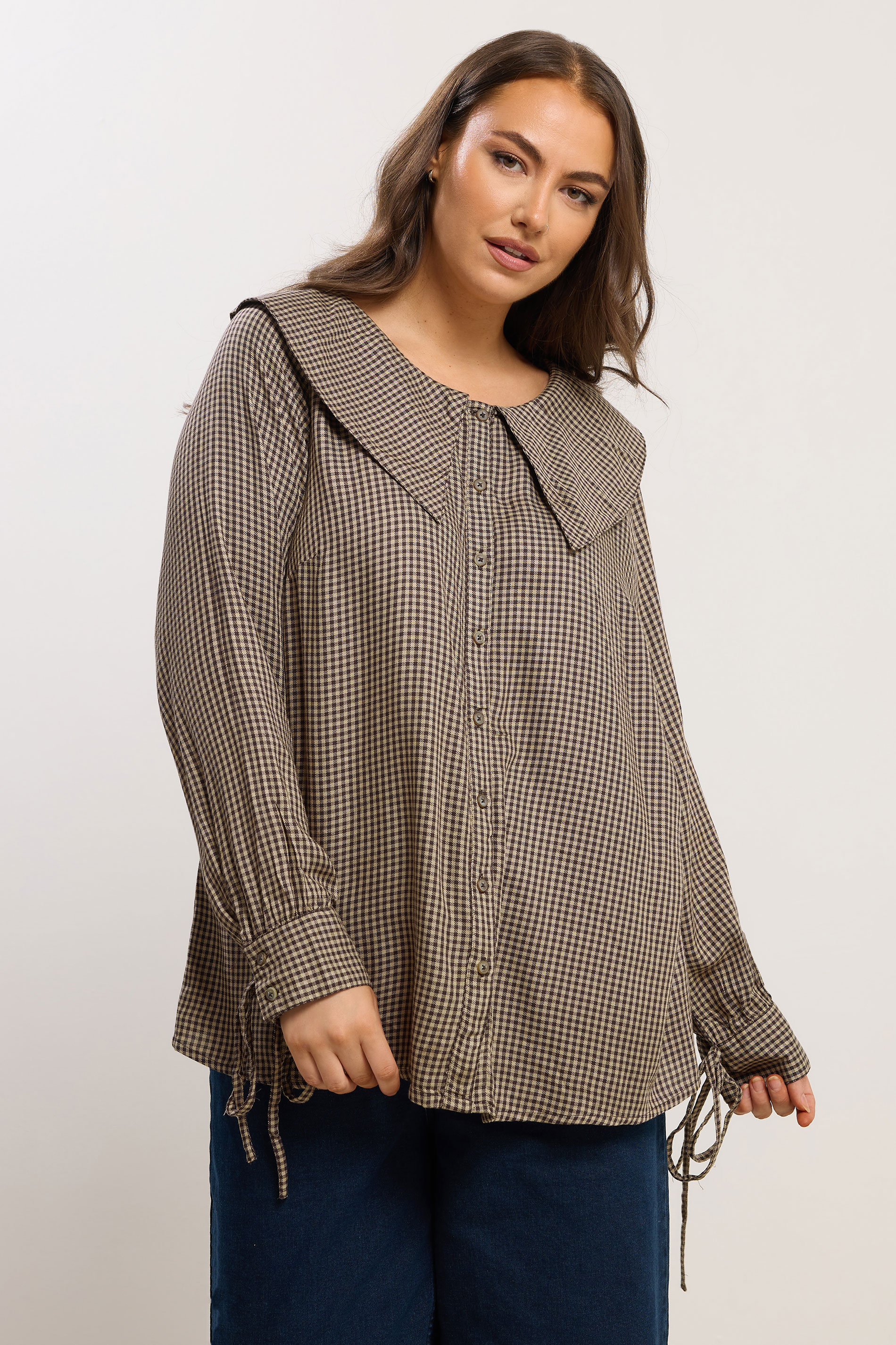 YOURS Plus Size Brown Collared Check Shirt | Yours Clothing 3