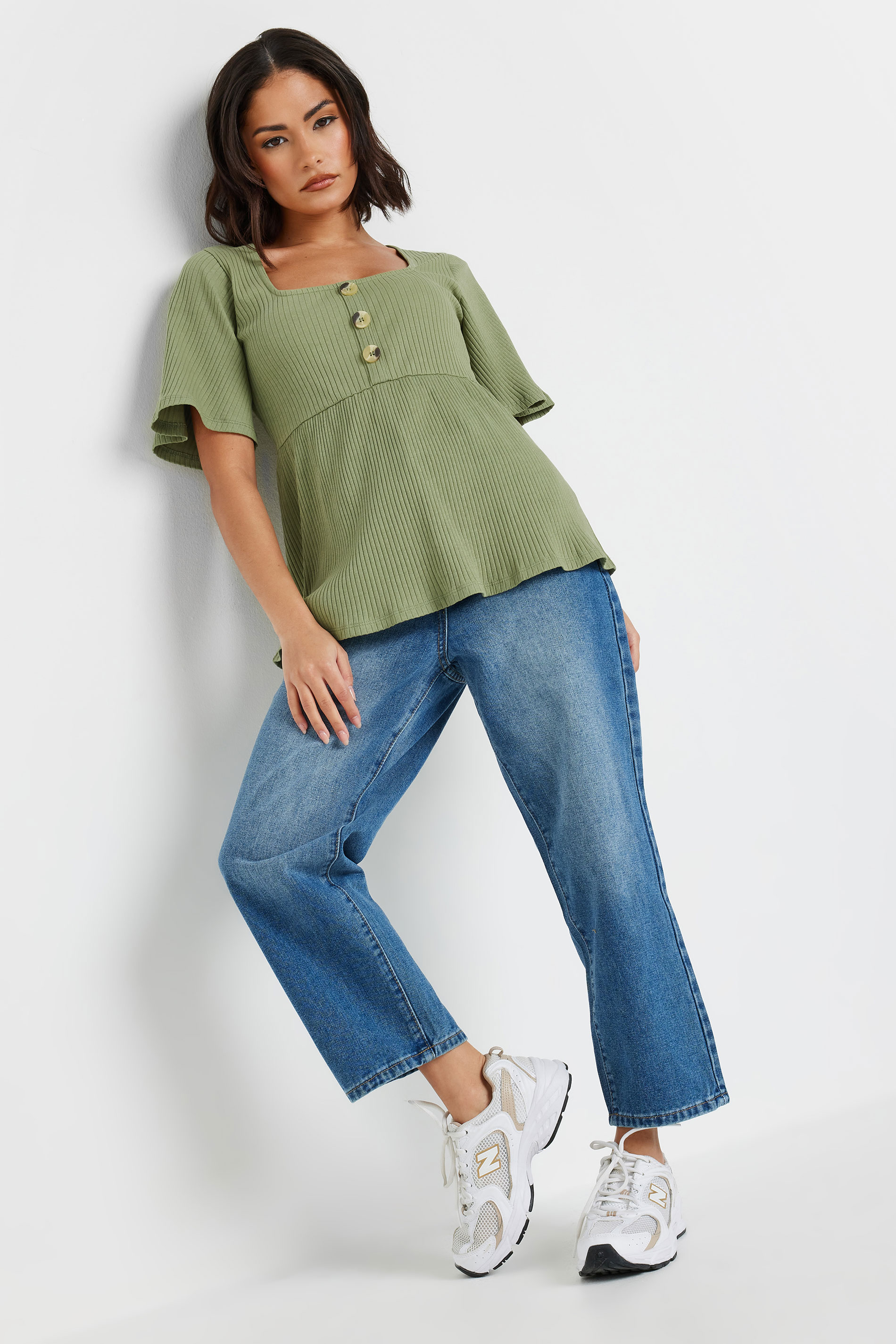 PixieGirl Petite Women's Sage Green Ribbed Smock Top | PixieGirl 1