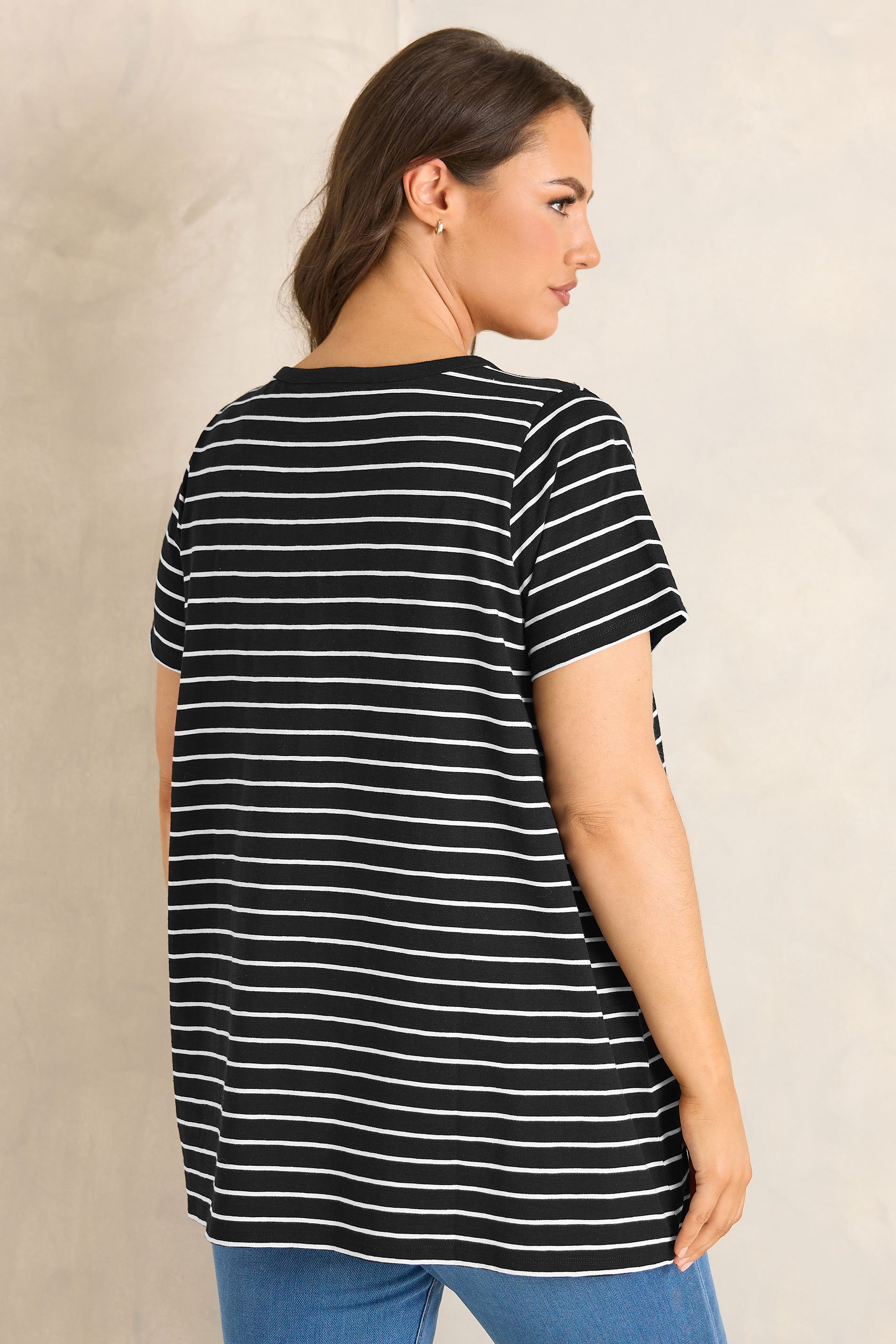 EVANS Plus Size Black Stripe Short Sleeve Cotton Henley Top | Evans 4