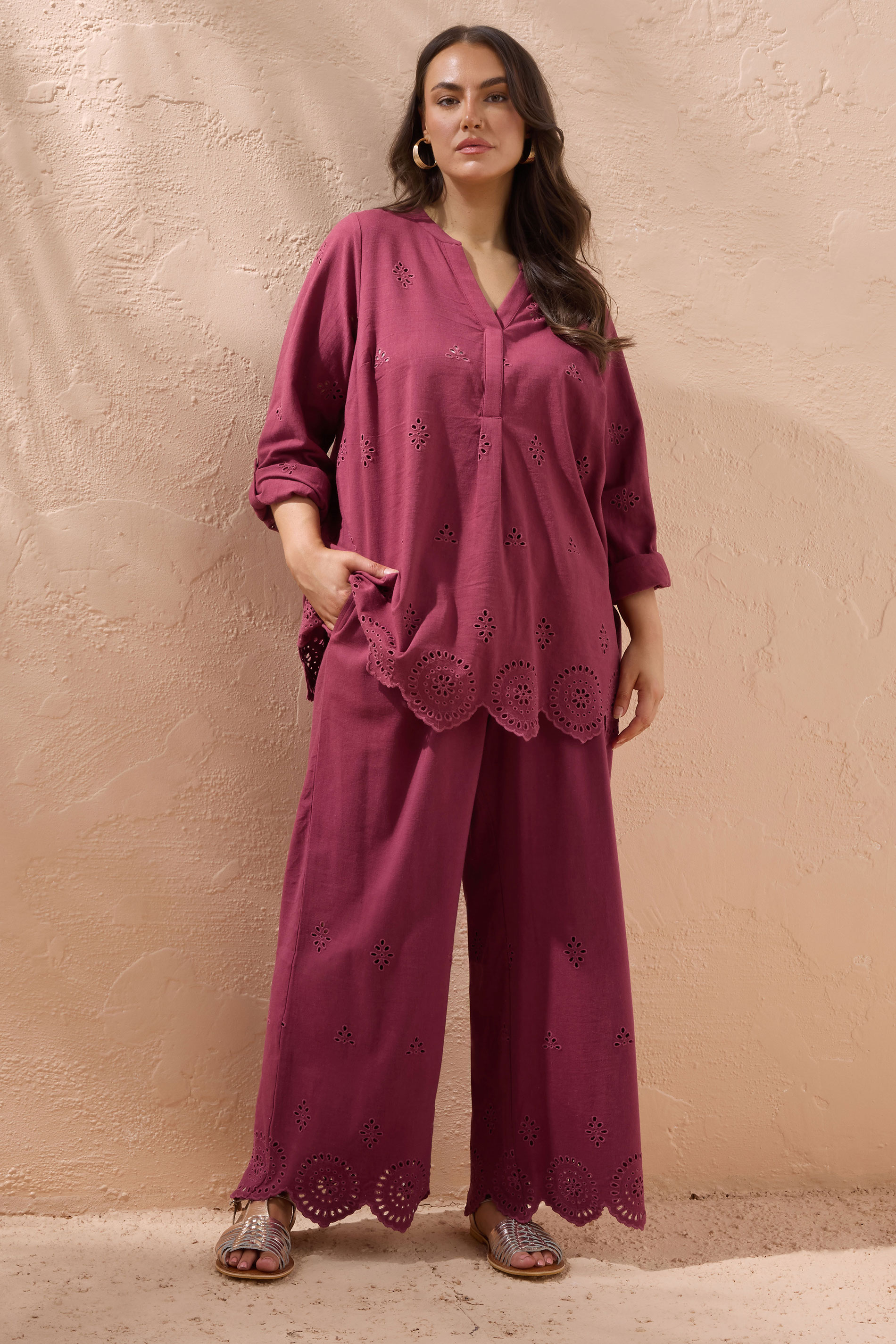 EVANS Plus Size Burgundy Red Broderie Hem Linen Trousers | Evans 3
