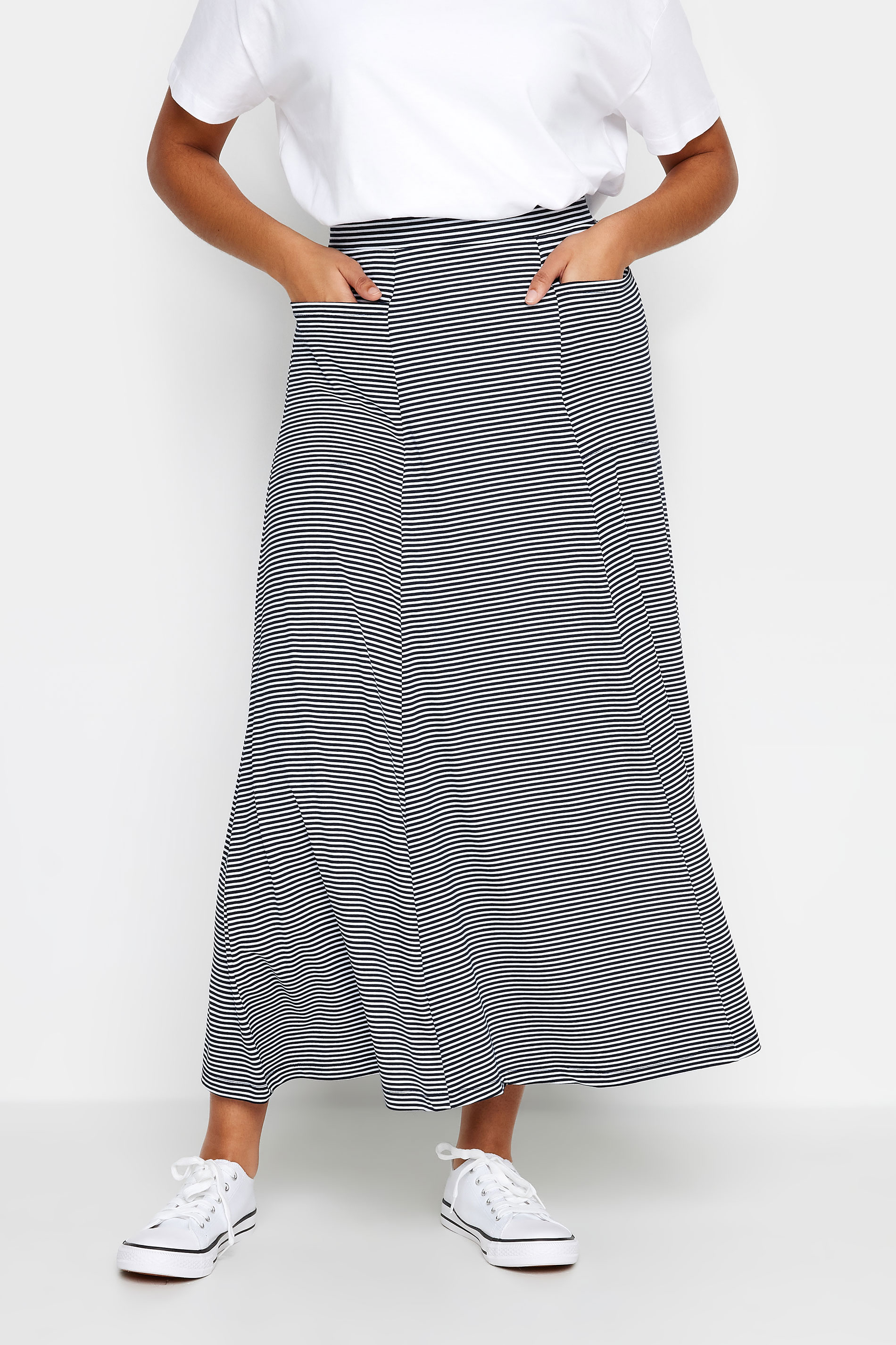 M&Co Navy Blue & White Striped Pocket Maxi Skirt | M&Co 1