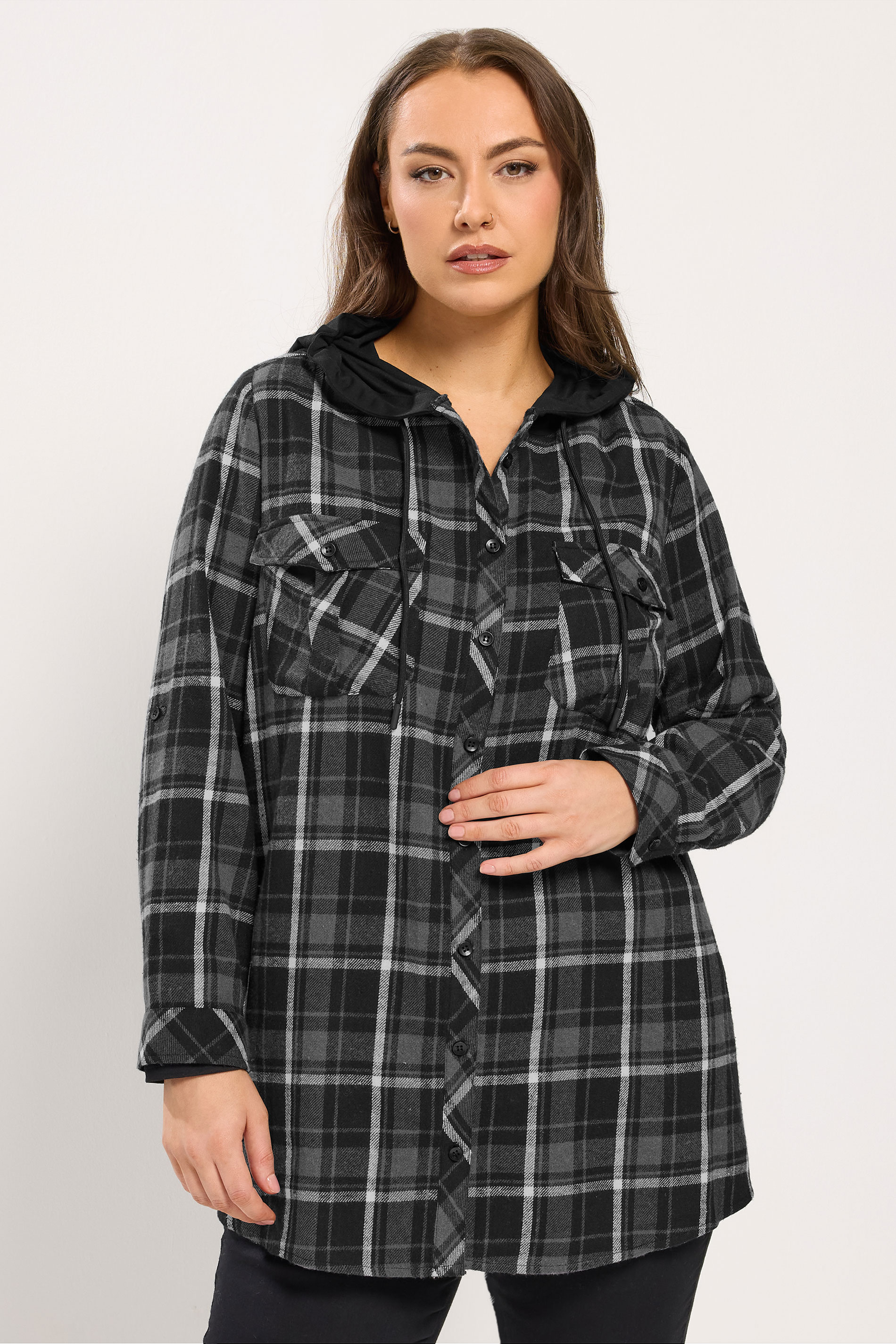 YOURS Plus Size Grey Hooded Check Shirt | Yours Clothing 3
