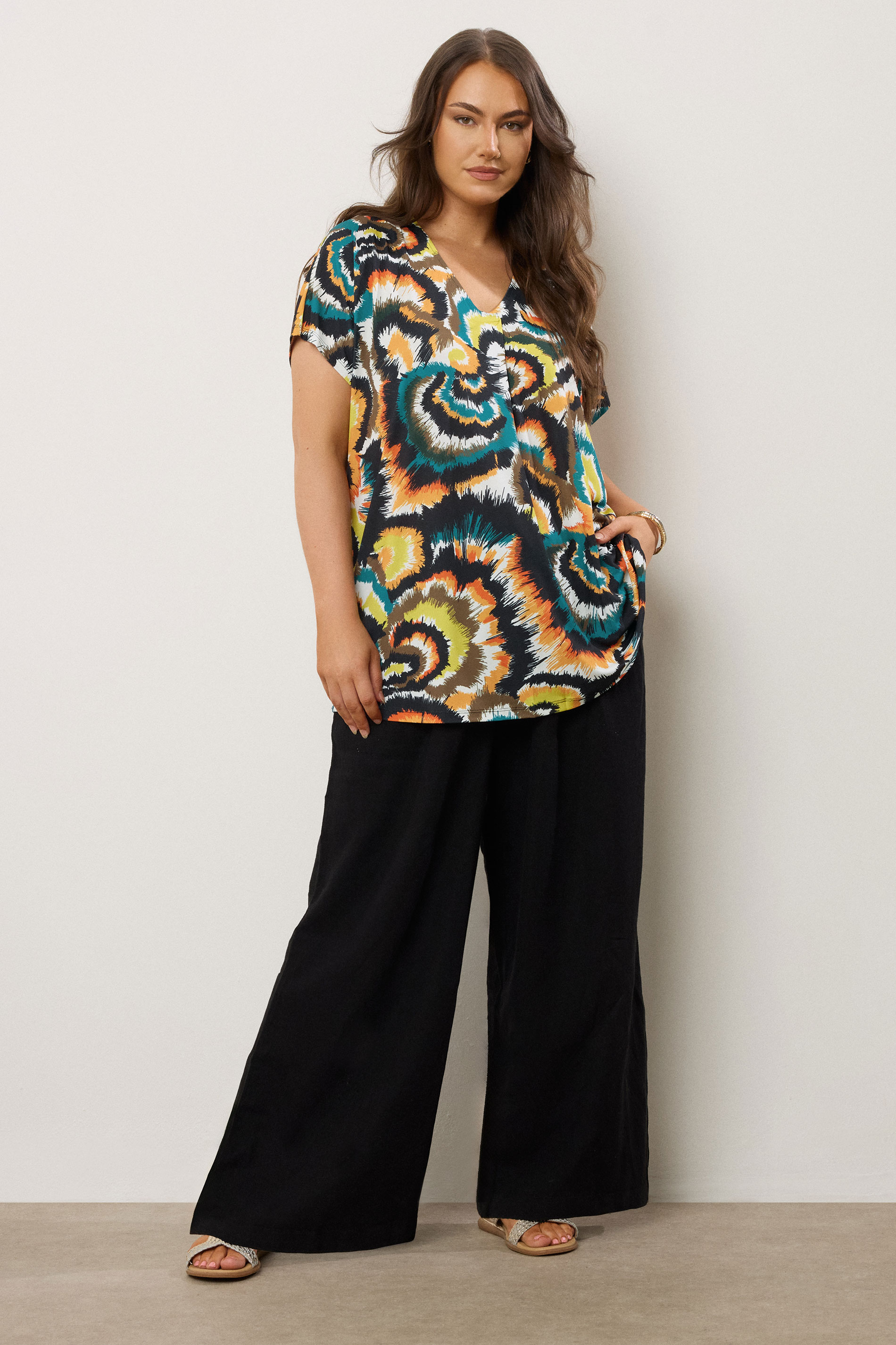 EVANS Plus Size Dark Green Smudge Print Angel Sleeve Jersey Top | Evans 1