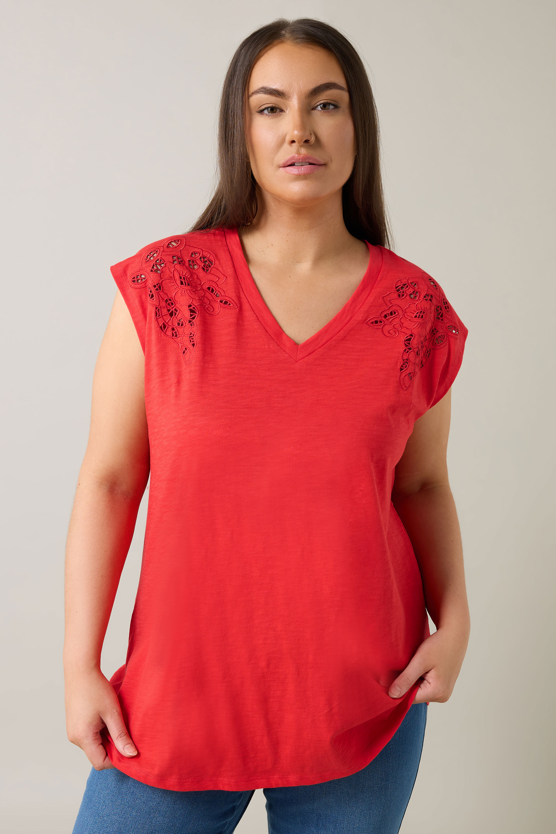 EVANS Plus Size Red Broderie Anglaise Vest Top | Evans 1