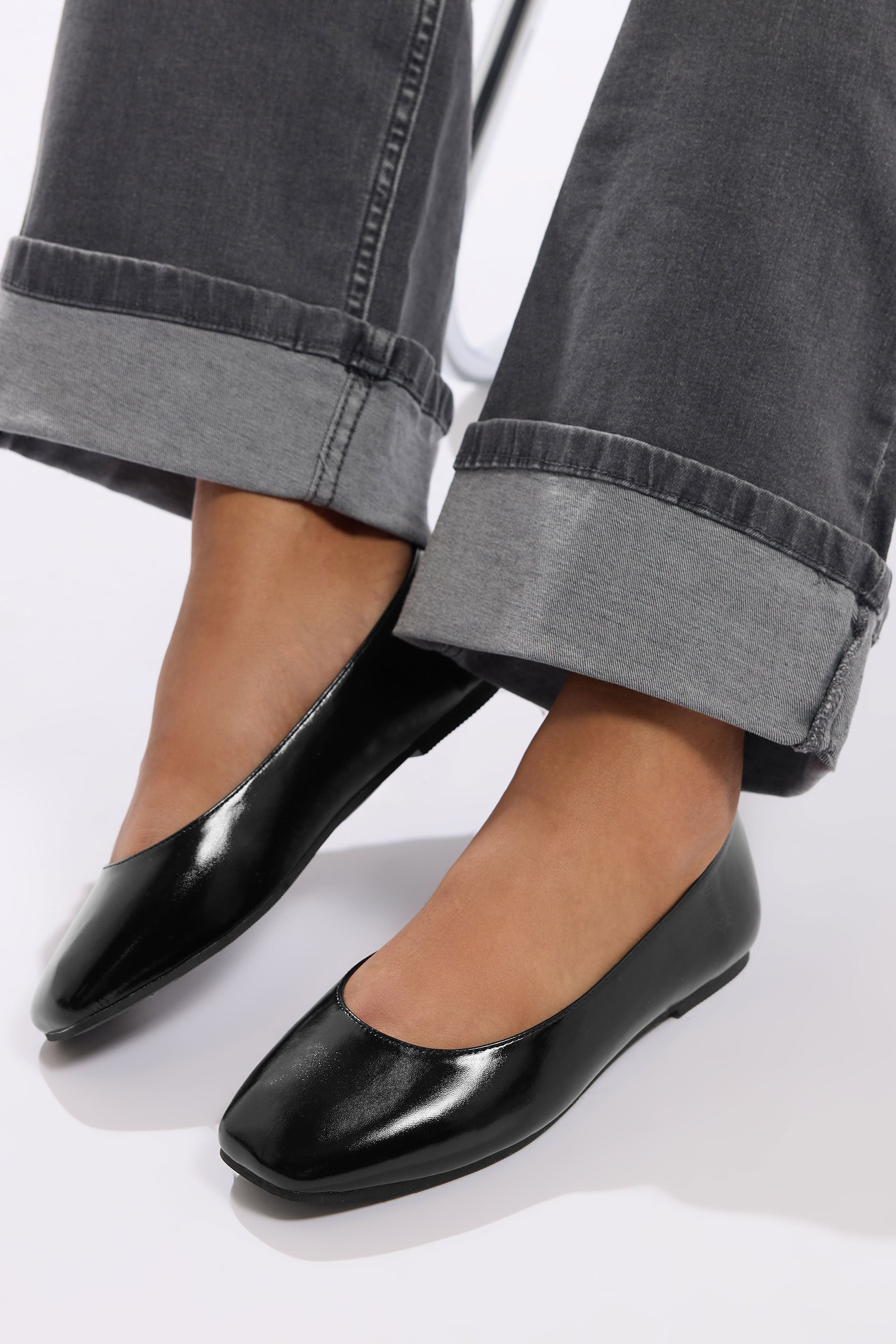 Women's Black Yours Faux Leather Square Toe Ballet Pumps In Extra Wide Eee Fit Size 10Eee