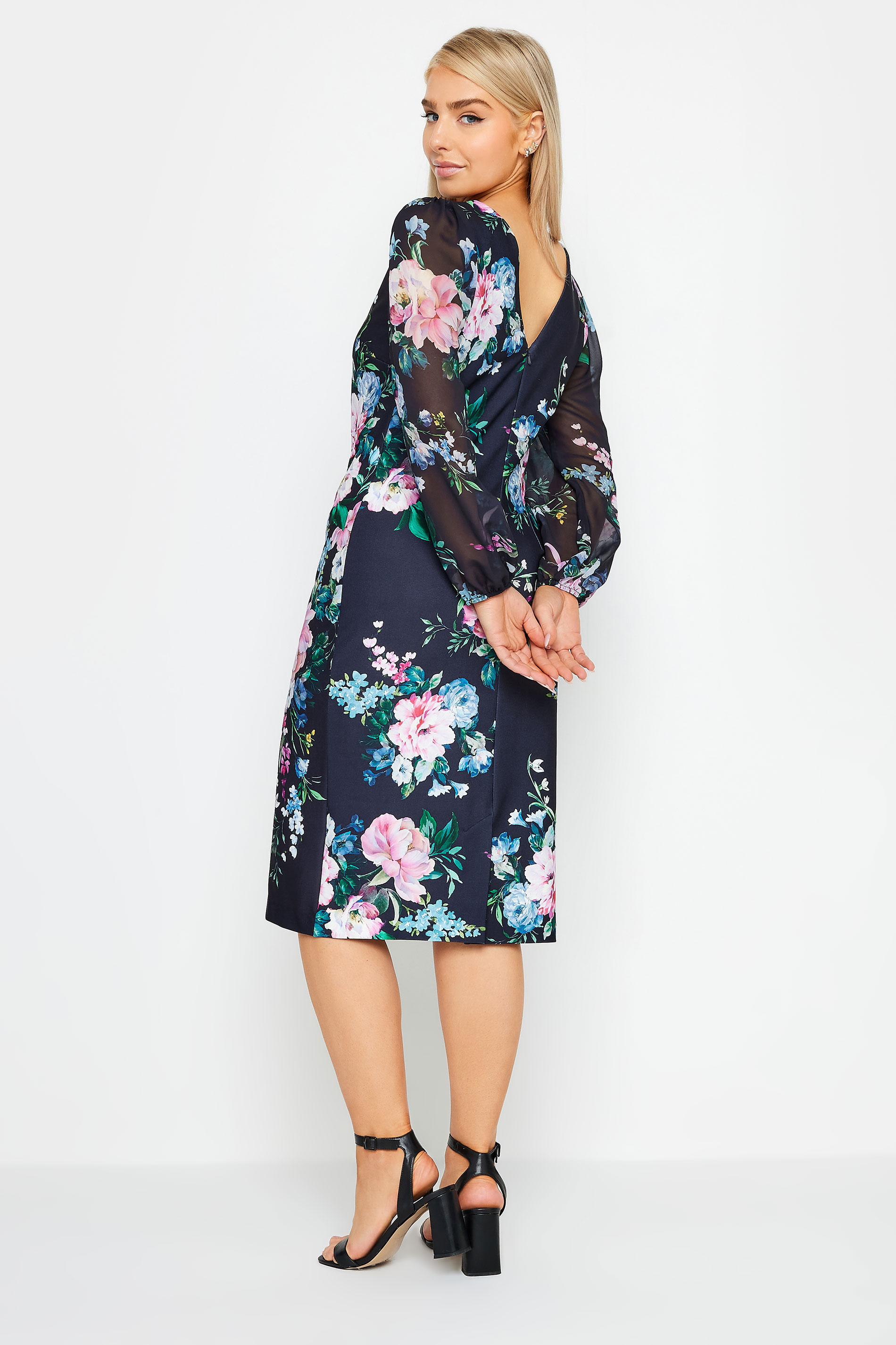 M&Co Navy Blue Floral Print Chiffon Sleeve Shift Dress | M&Co 2