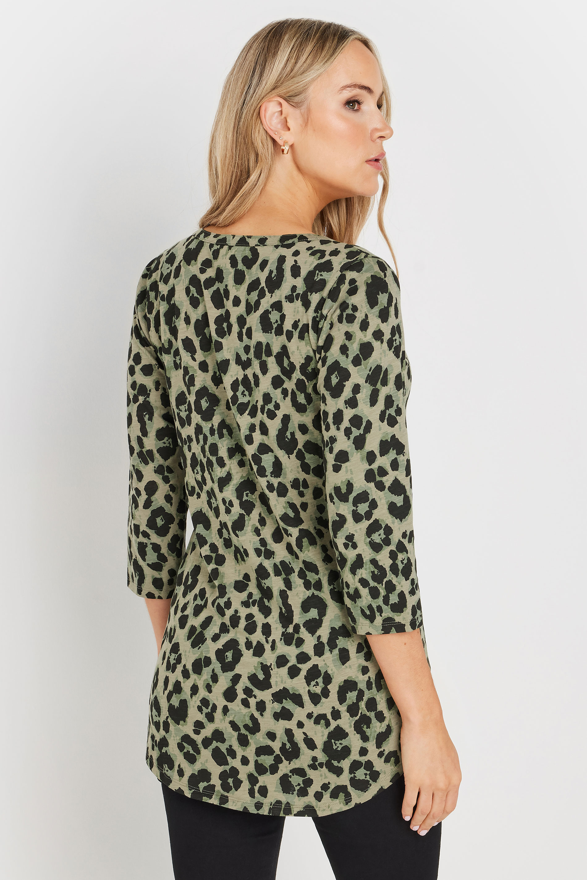 LTS Tall Khaki Green Leopard Print Cotton Henley Top | Long Tall Sally 2