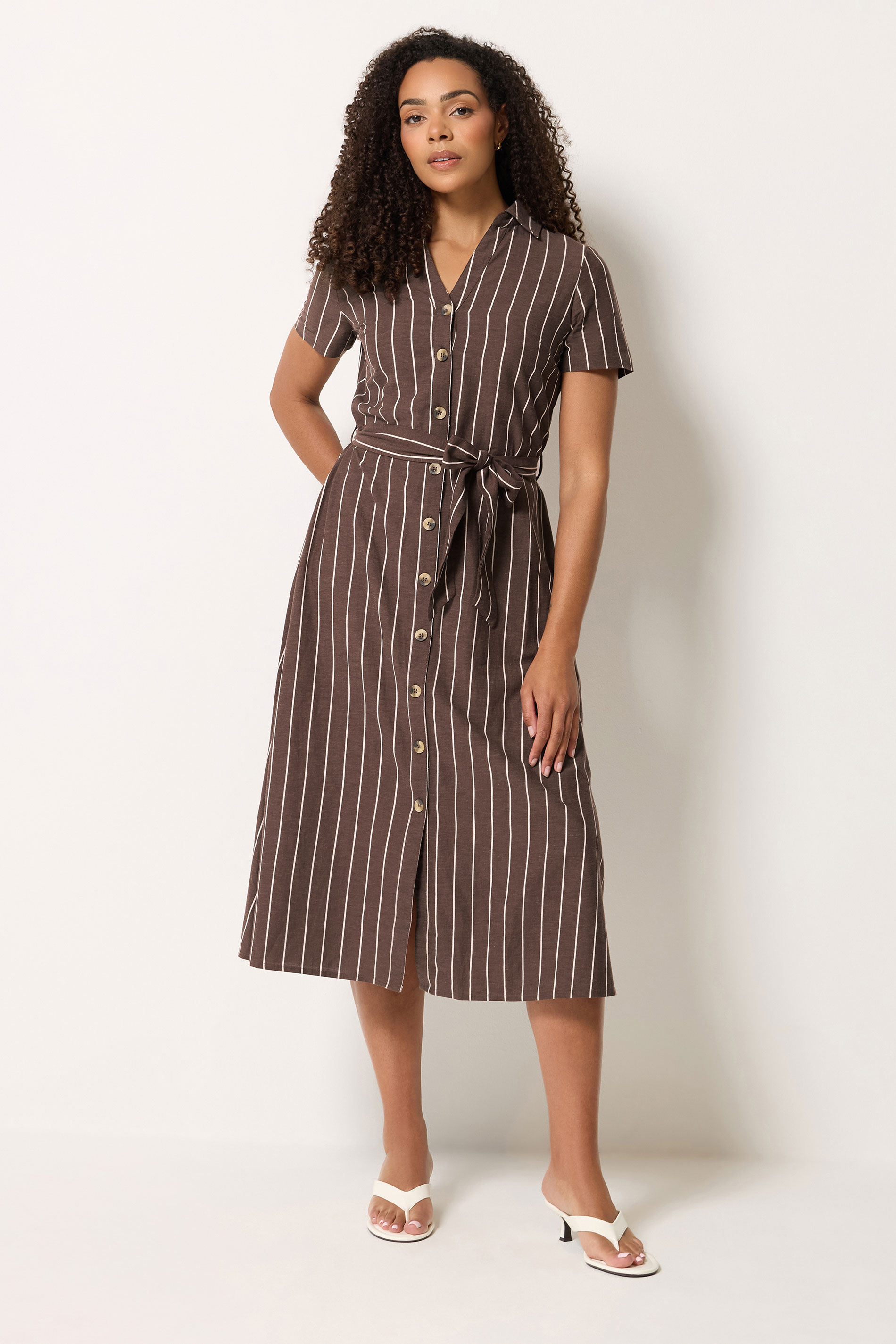 M&Co Chocolate Brown Stripe Midi Shirt Dress | M&Co 1