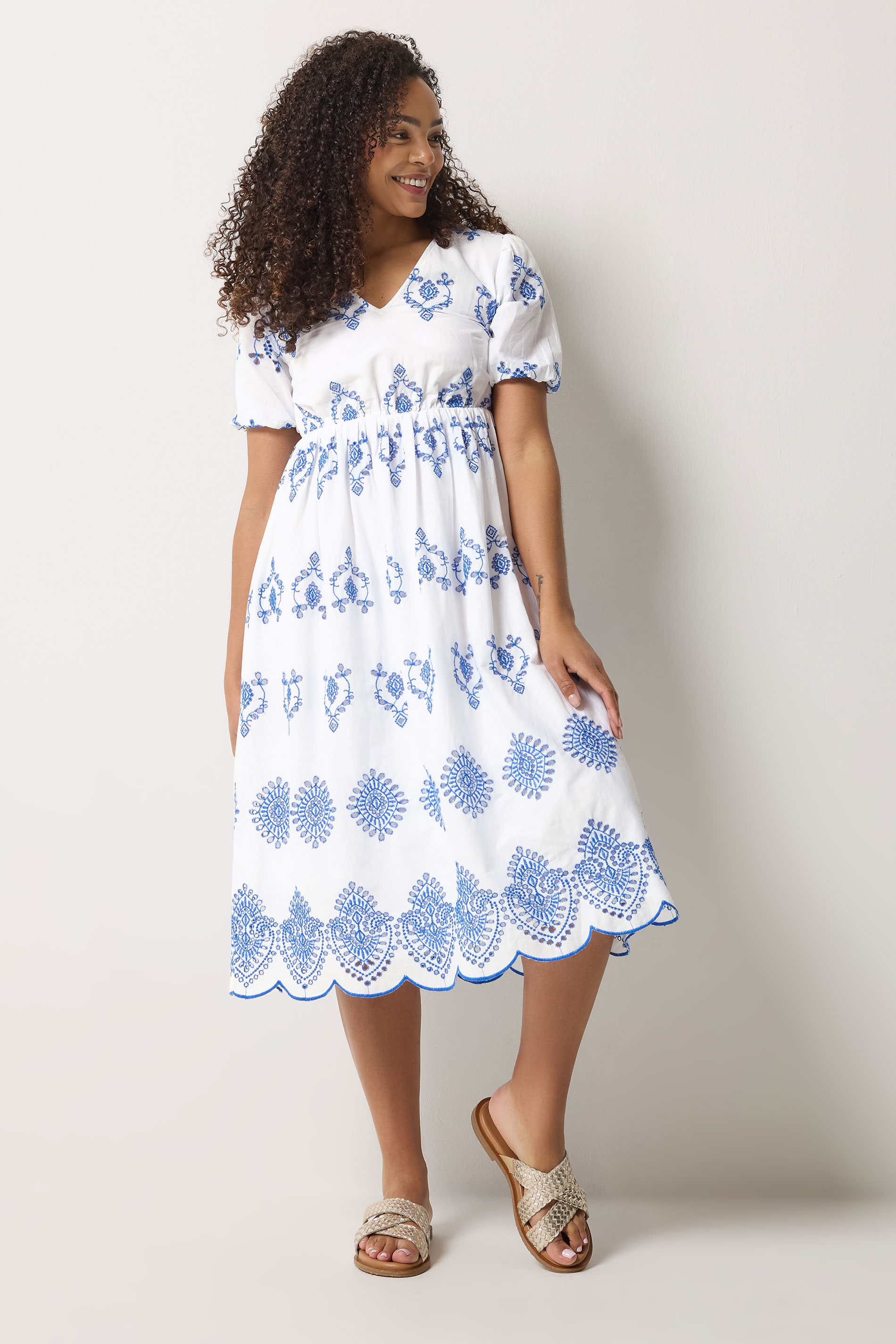 M&Co White & Blue Broderie Cotton Midi Dress | M&Co 2