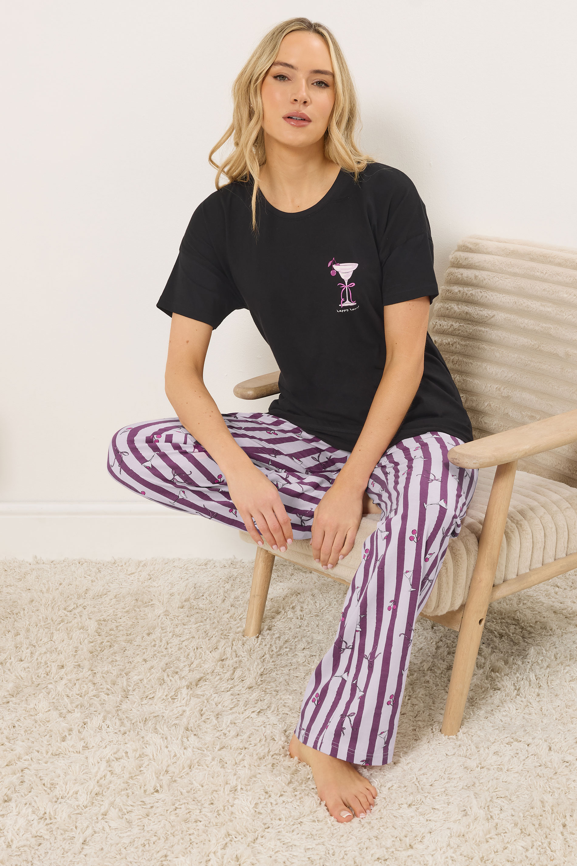 LTS Tall Women's Black 'Happy Hour' Cocktail Cotton Wide Leg Pyjama Set | Long Tall Sally 1