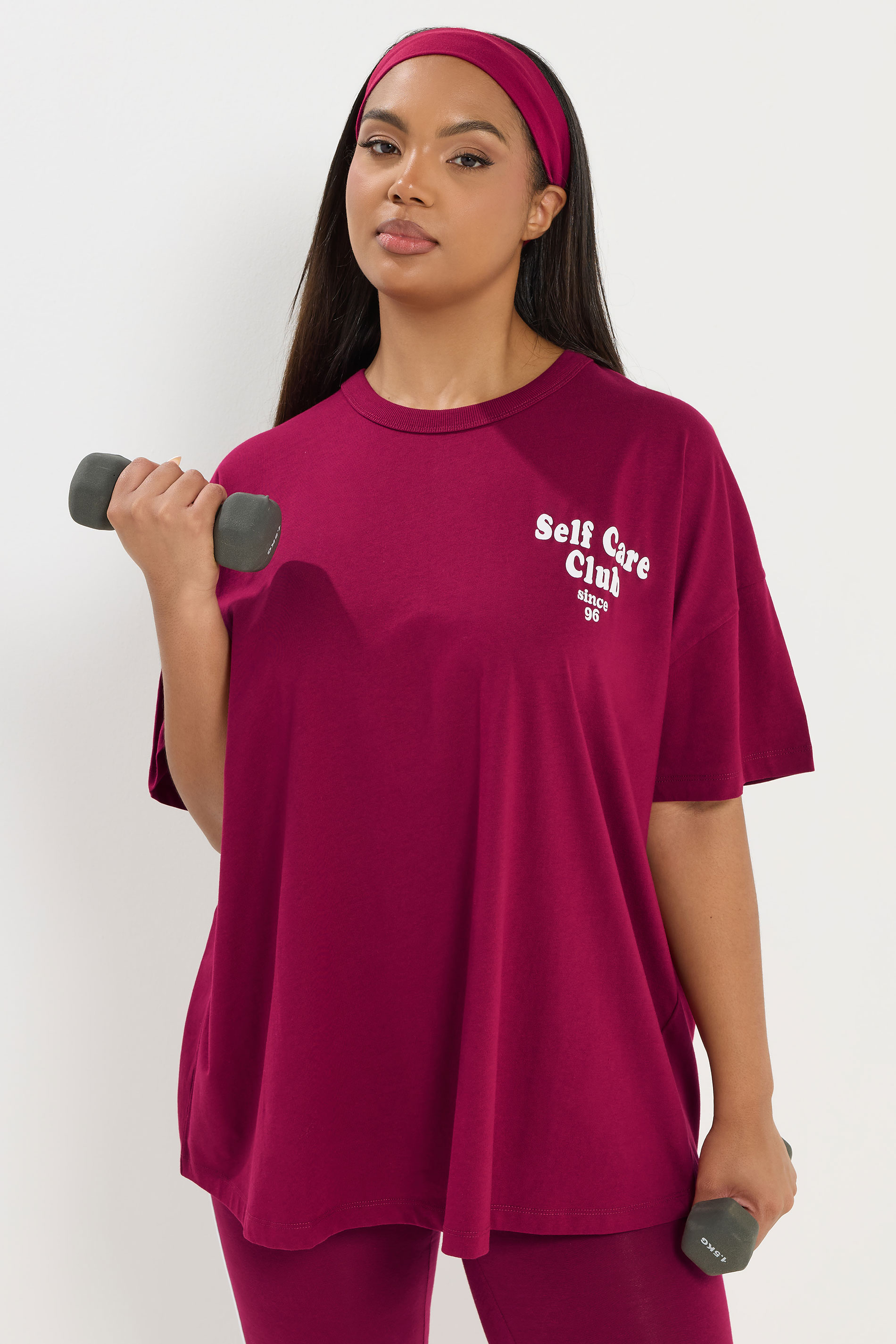 YOURS ACTIVE Plus Size Burgundy Red 'Self Care Club' T-Shirt | Yours Clothing 1