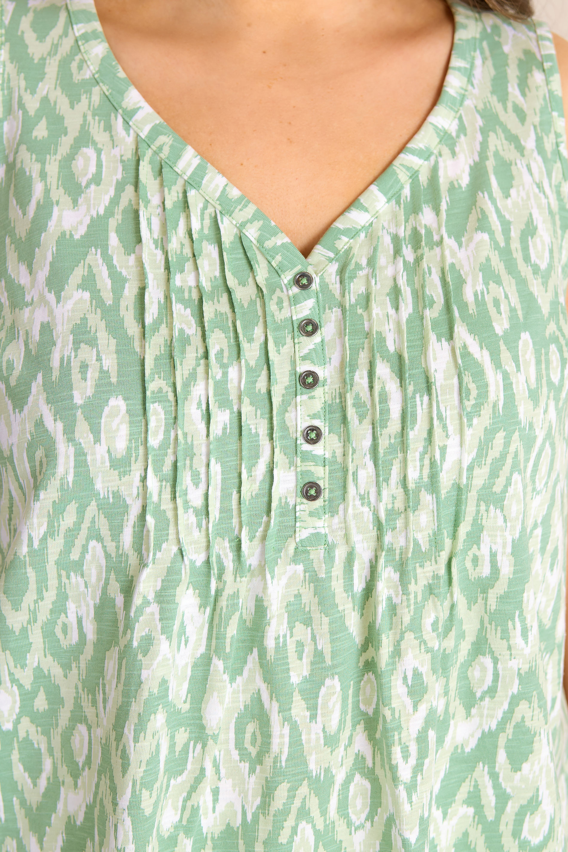 EVANS Plus Size Green Ikat Print Sleeveless Henley Top | Evans 5