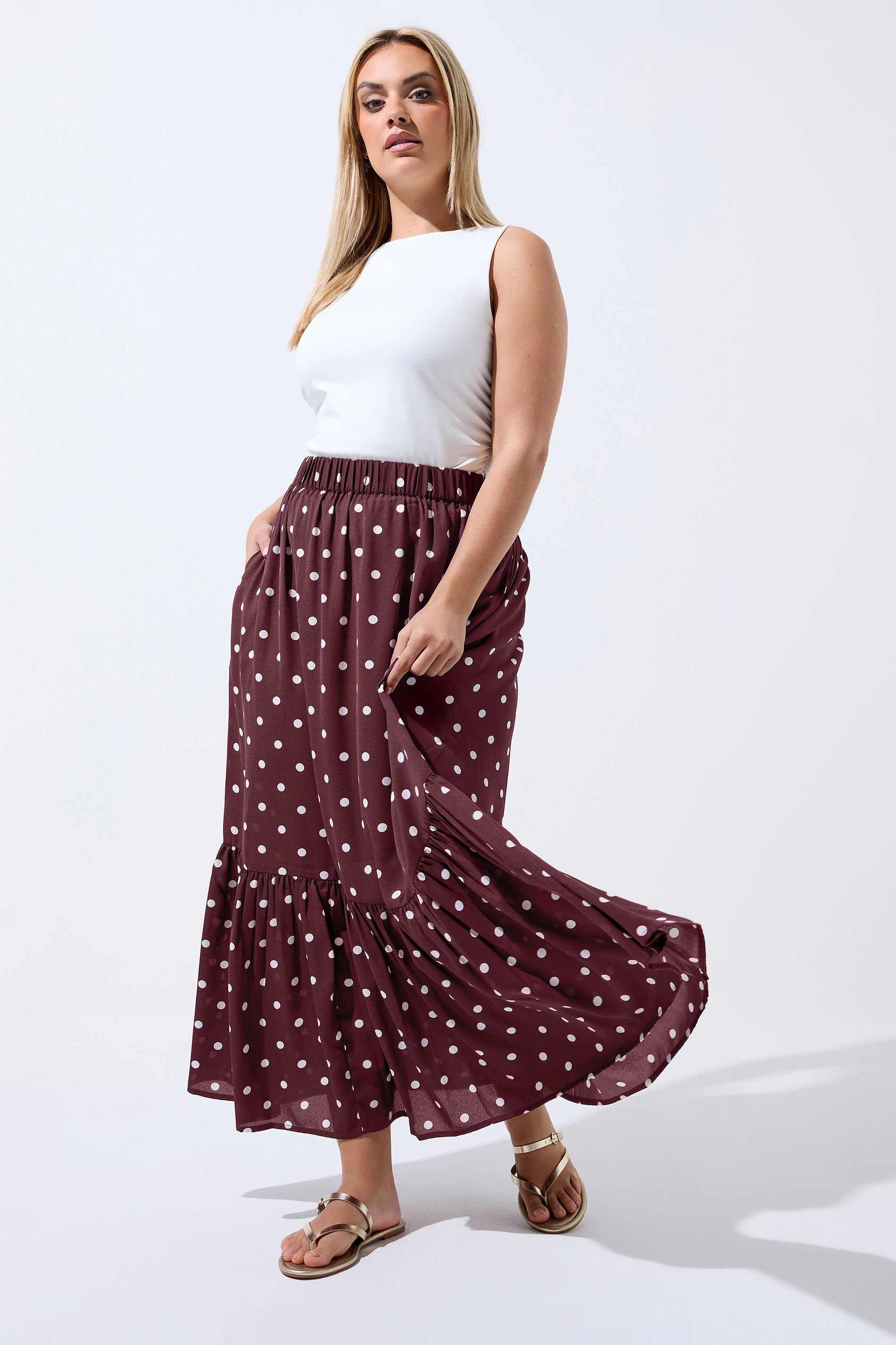 LIMITED COLLECITON Plus Size Burgundy Red Polka Dot Tiered Maxi Skirt | Yours Clothing 3