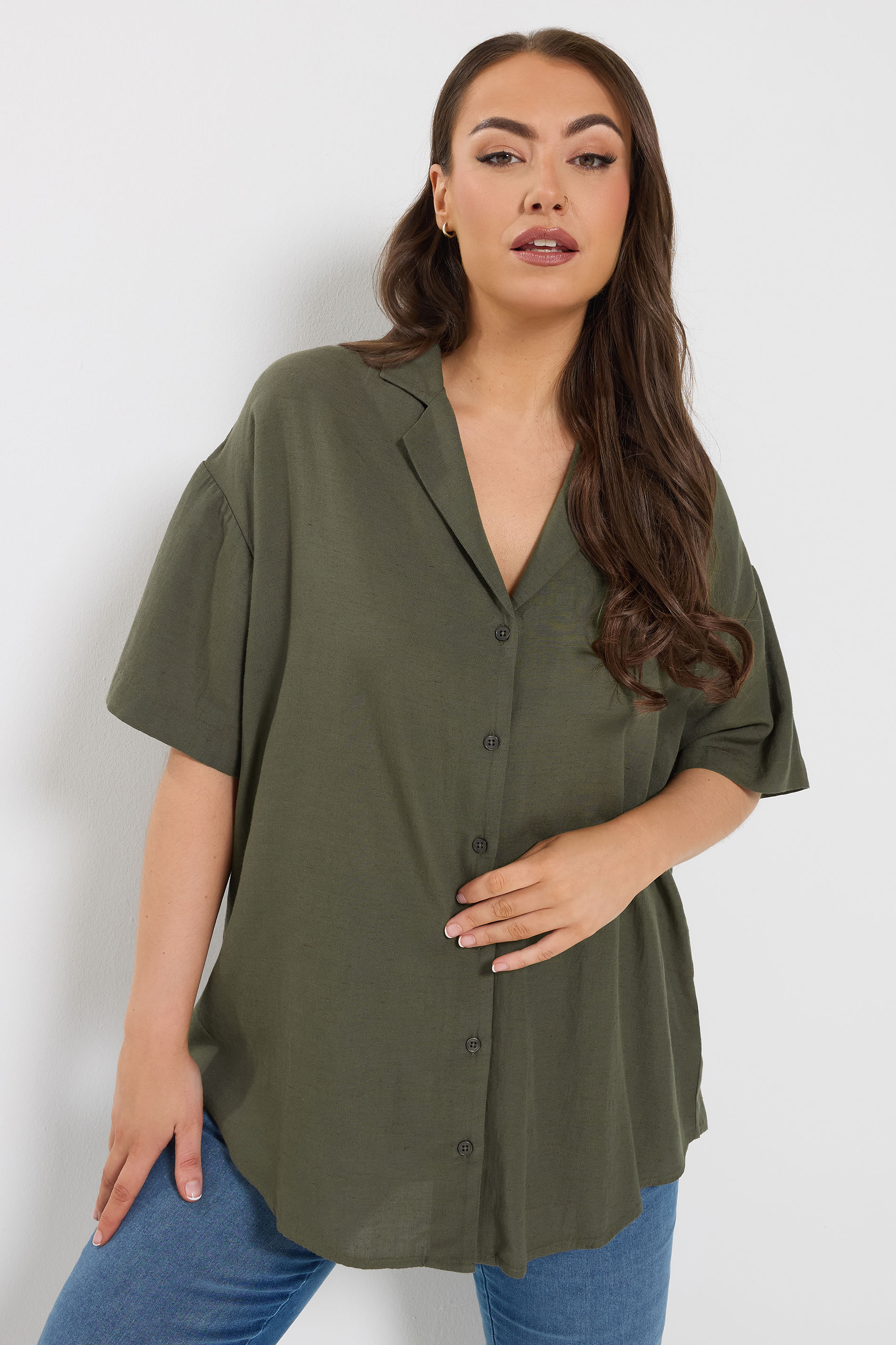 YOURS Plus Size Khaki Green Linen Shirt | Yours Clothing 3
