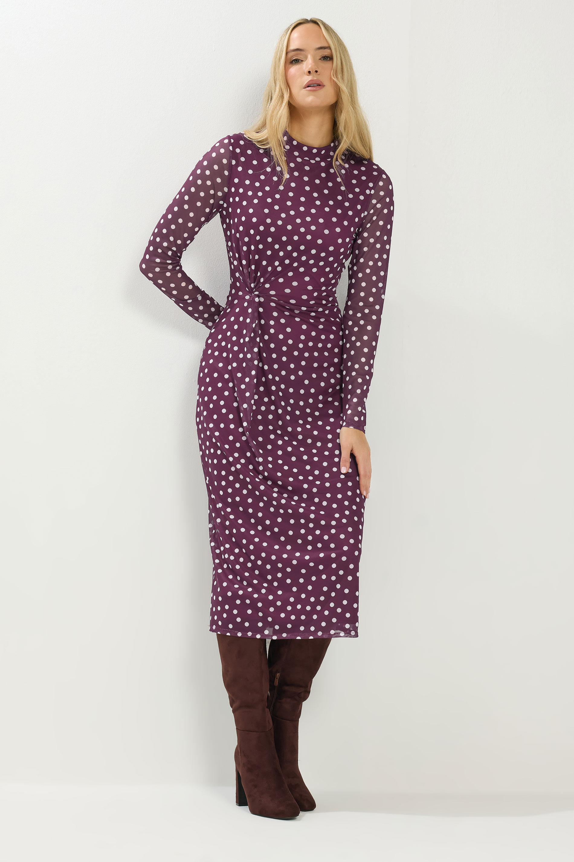 LTS Tall Berry Red Polka Dot Mesh Long Sleeve Maxi Dress | Long Tall Sally 3