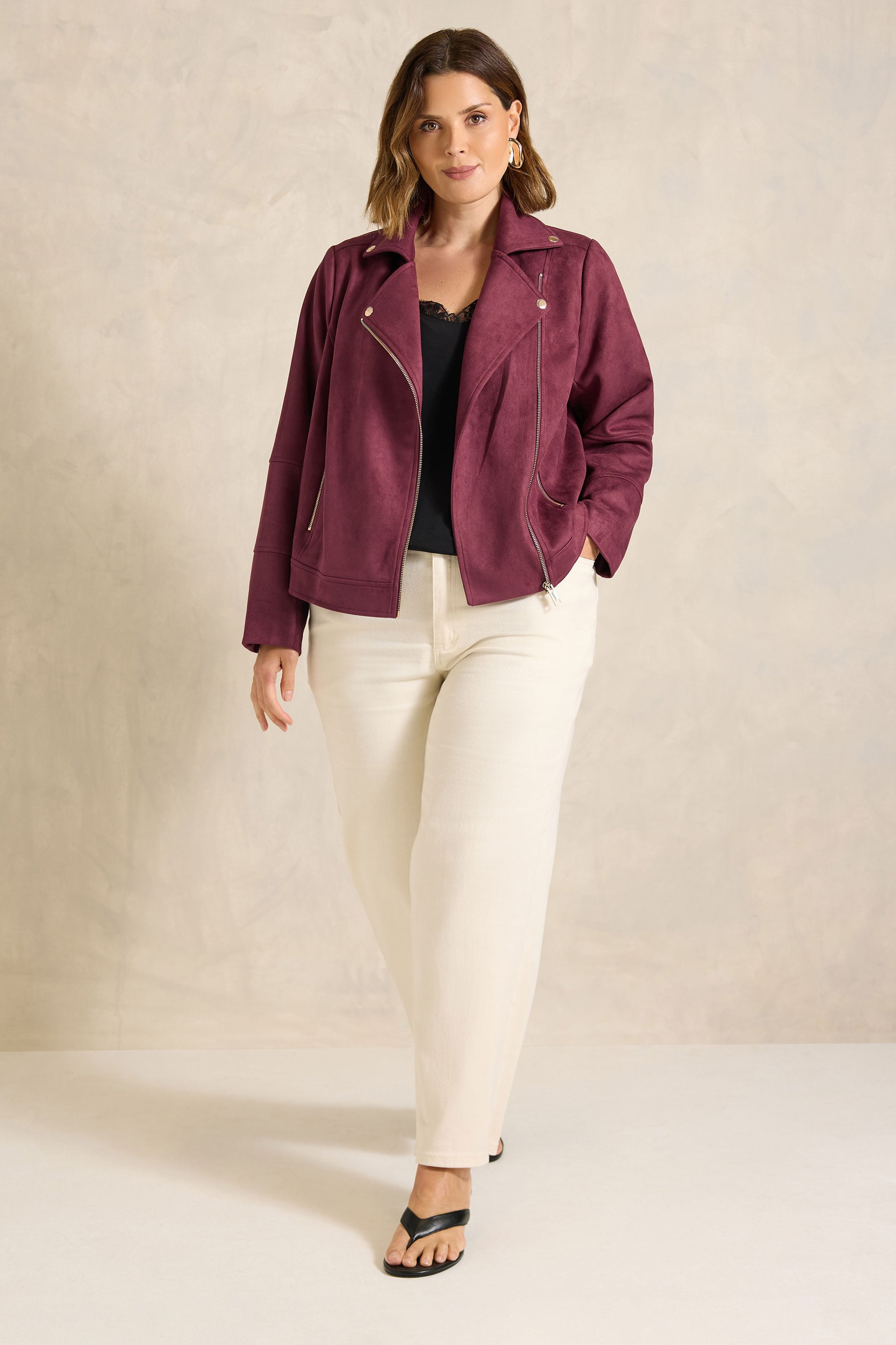 EVANS Plus Size Berry Red Suedette Biker Jacket | Evans 1