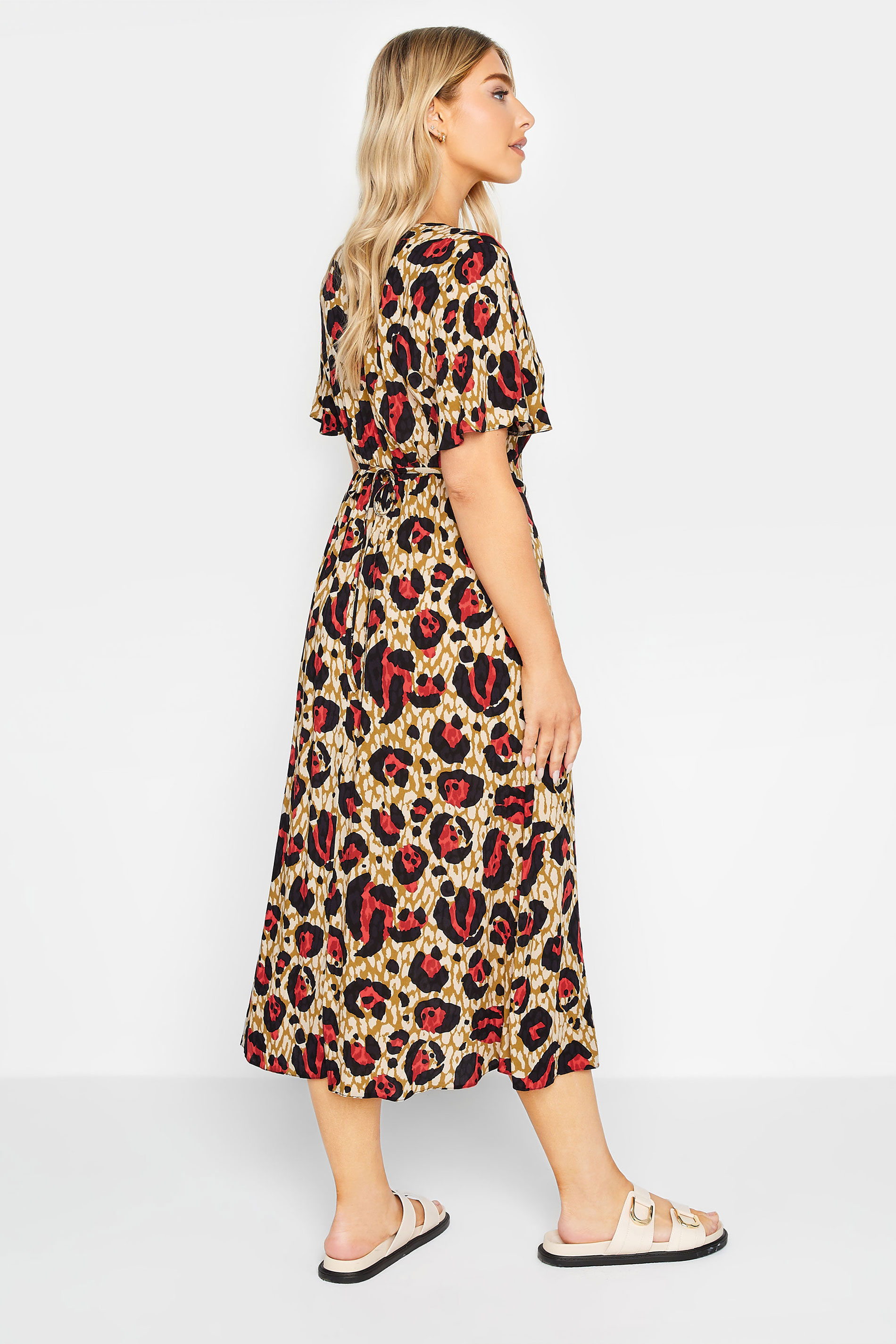 M&Co Natural Brown & Red Leopard Print Midi Button Through Tea Dress | M&Co