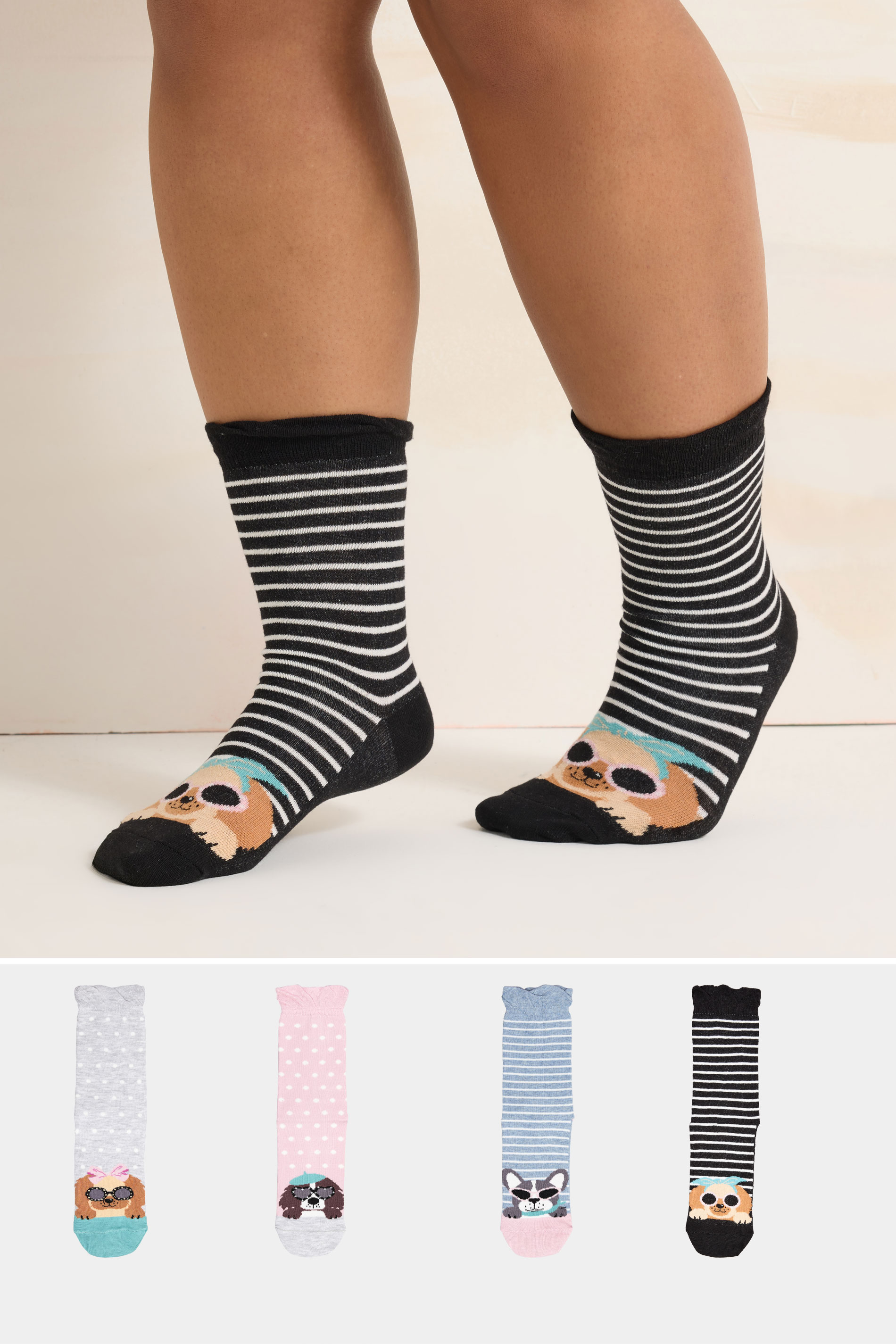 YOURSET 4 PACK Plus Size Black & Blue Dog Print Ankle Socks | Yours Clothing 1