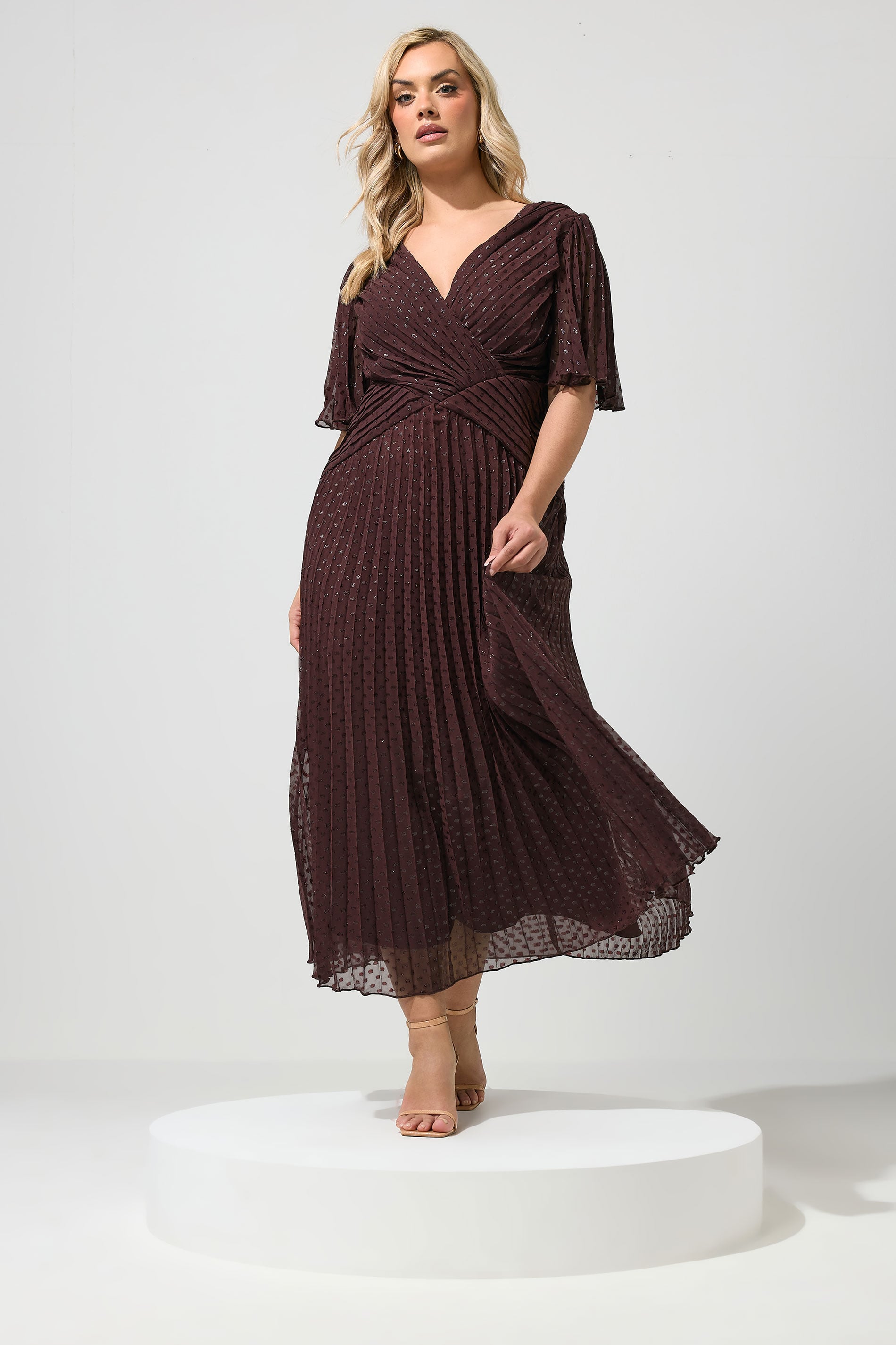 YOURS LONDON Plus Size Chocolate Brown Metallic Dobby Wrap Dress | Yours Clothing 3