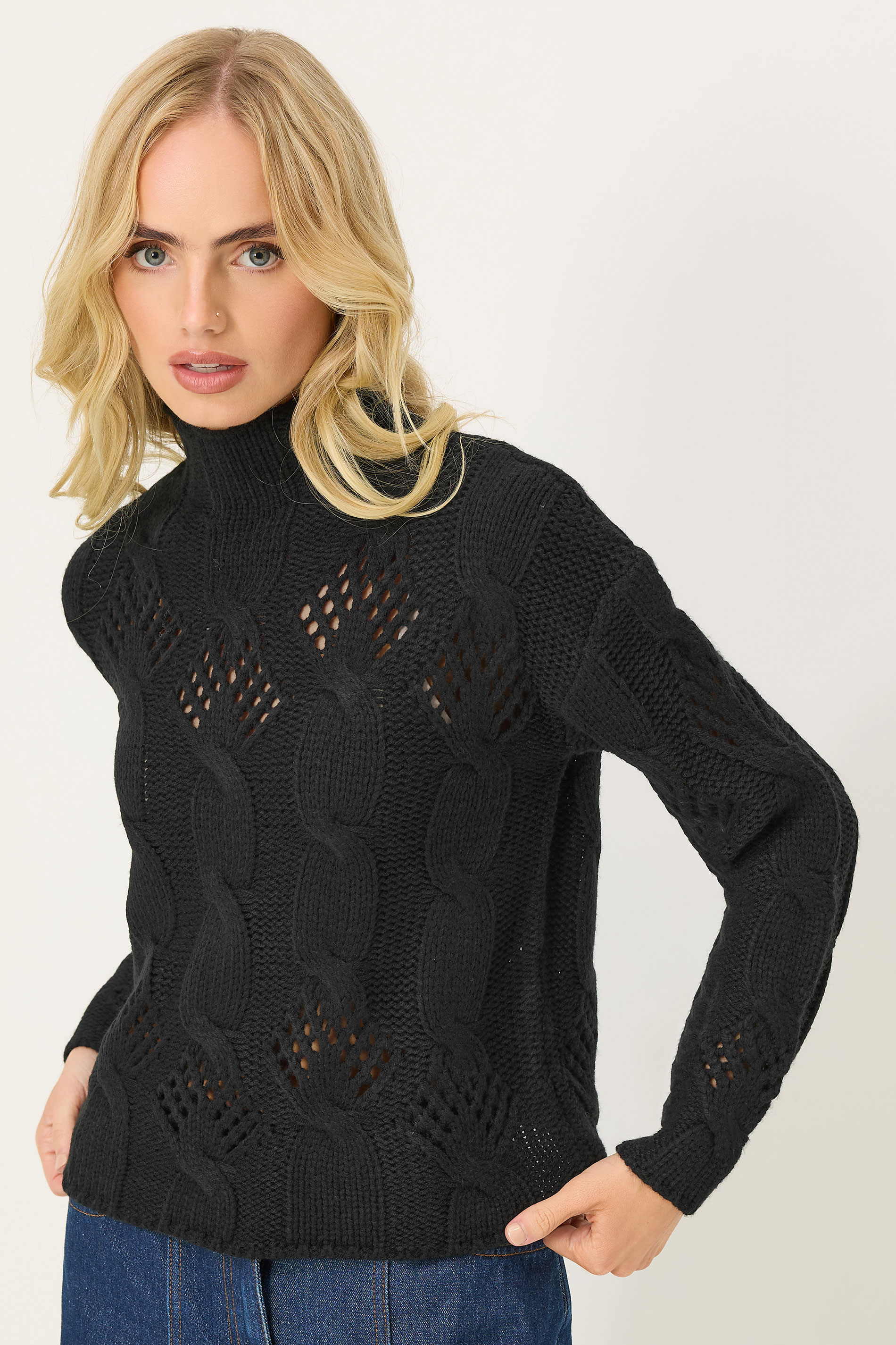 PixieGirl Petite Women's Black Cable Knit High Neck Jumper | PixieGirl 3