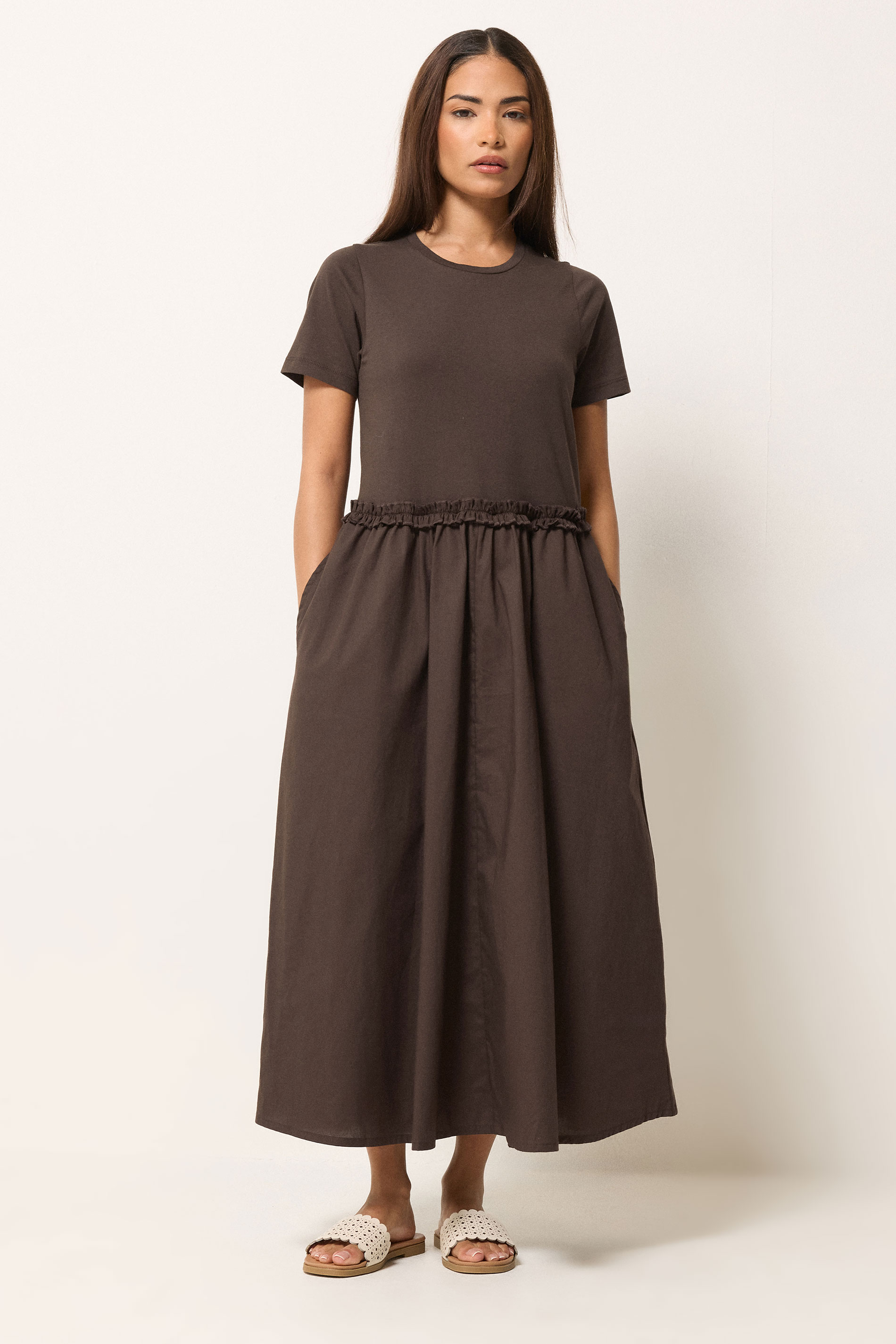 PixieGirl Petite Women's Chocolate Brown Mixed Ruffle Cotton Midi Dress | PixieGirl  3