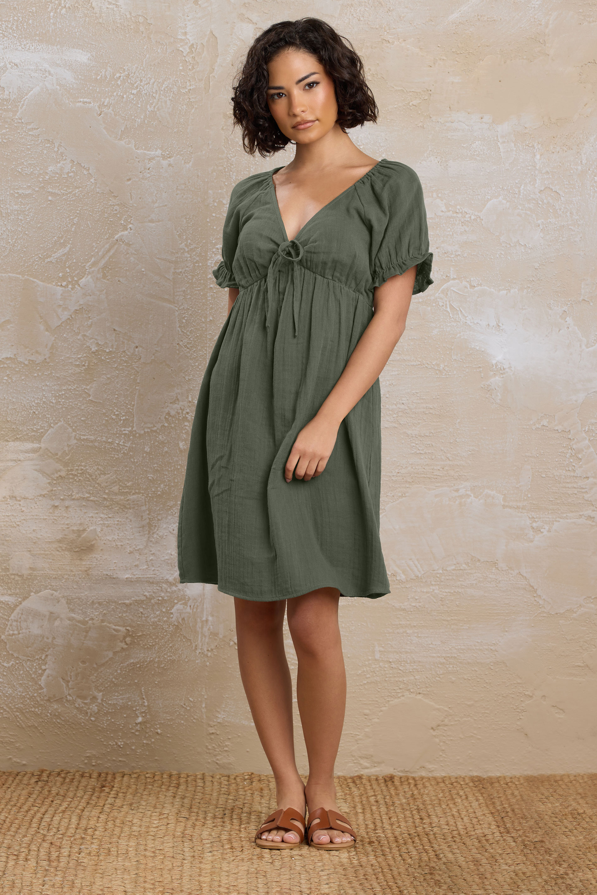 PixieGirl Petite Women's Khaki Green Tie Front Cotton Mini Dress | PixieGirl 1