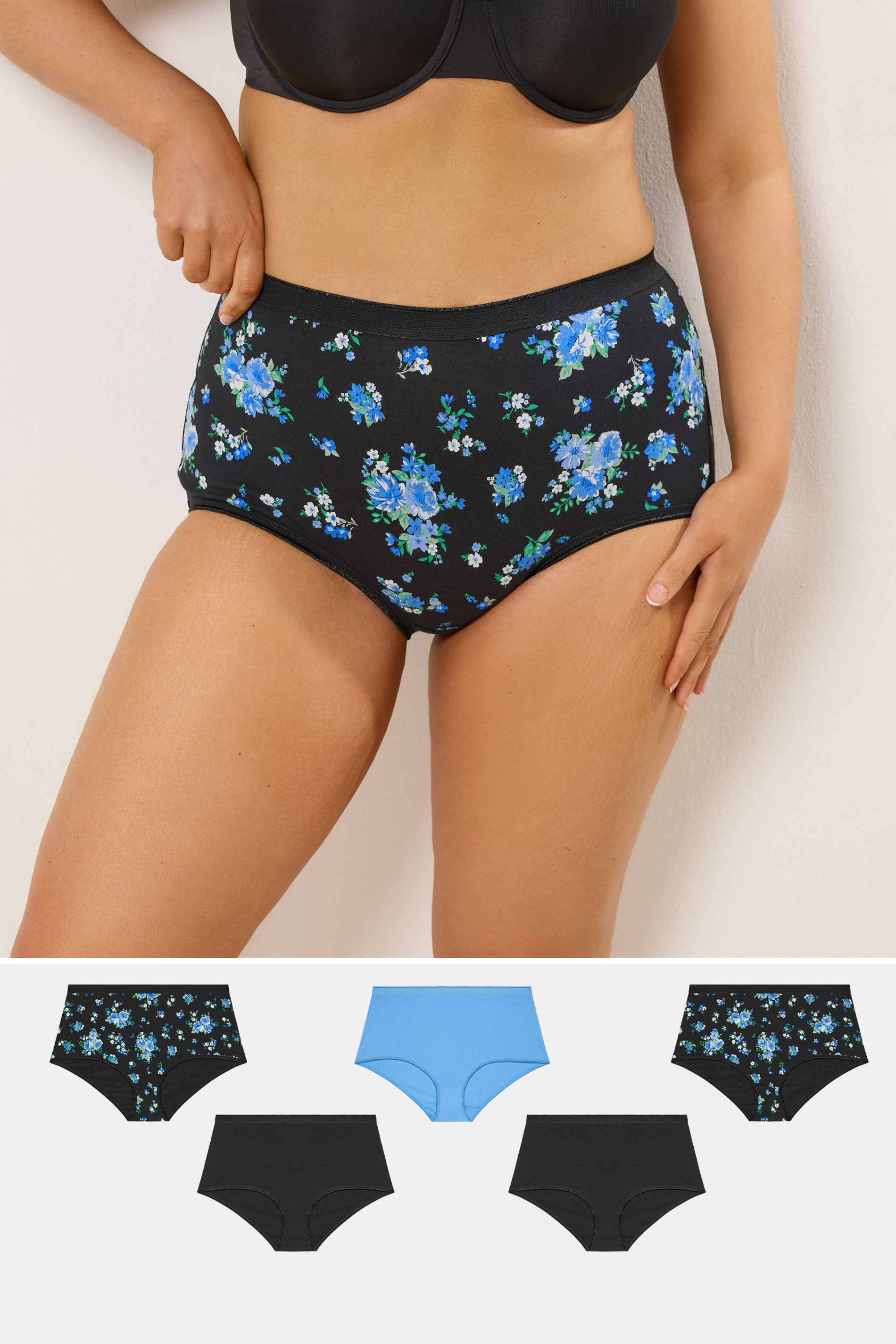YOURSET 5 PACK Plus Size Black Floral Full Briefs | Yours Clothing 1