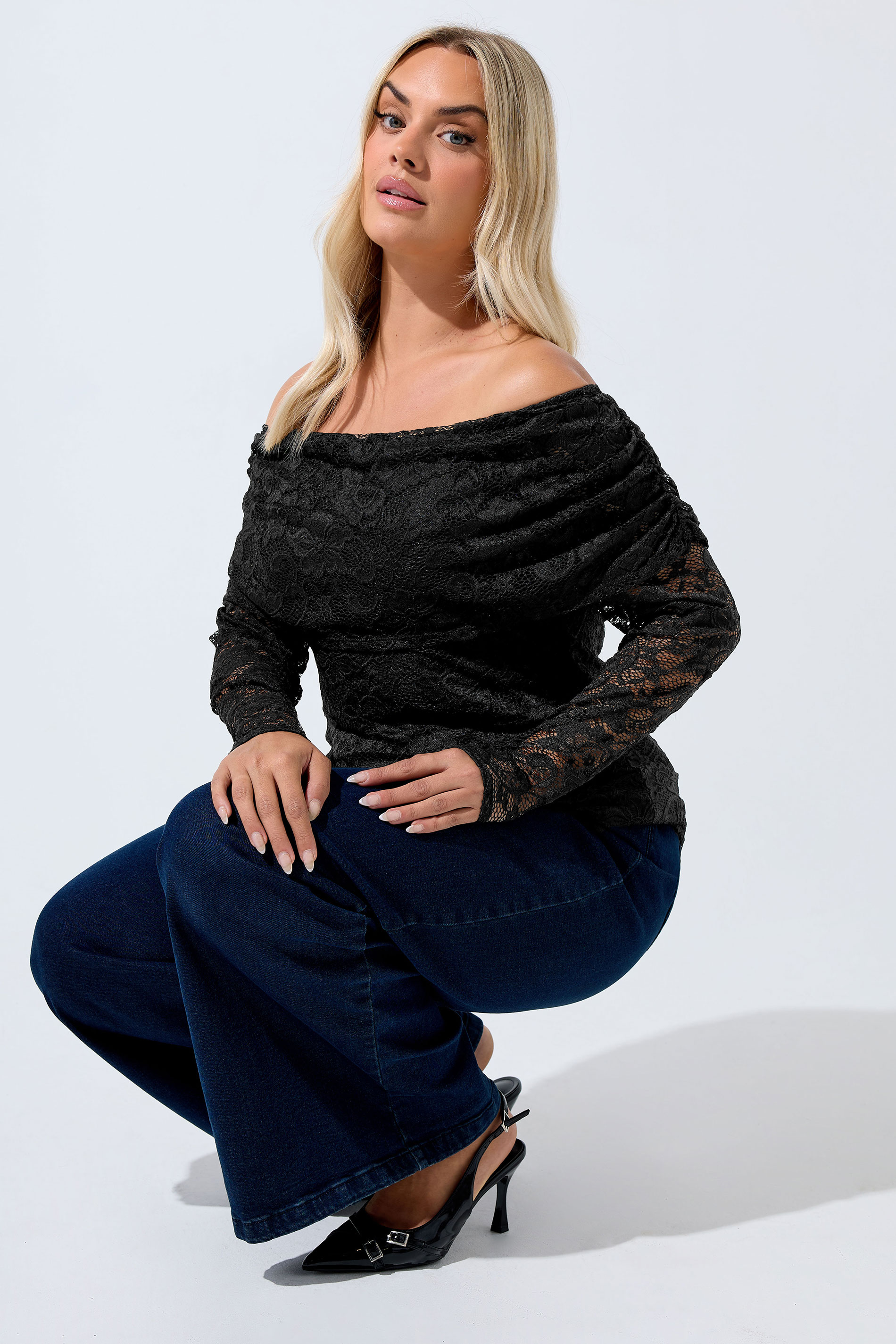 LIMITED COLLECTION Plus Size Black Lace Bardot Top | Yours Clothing 1
