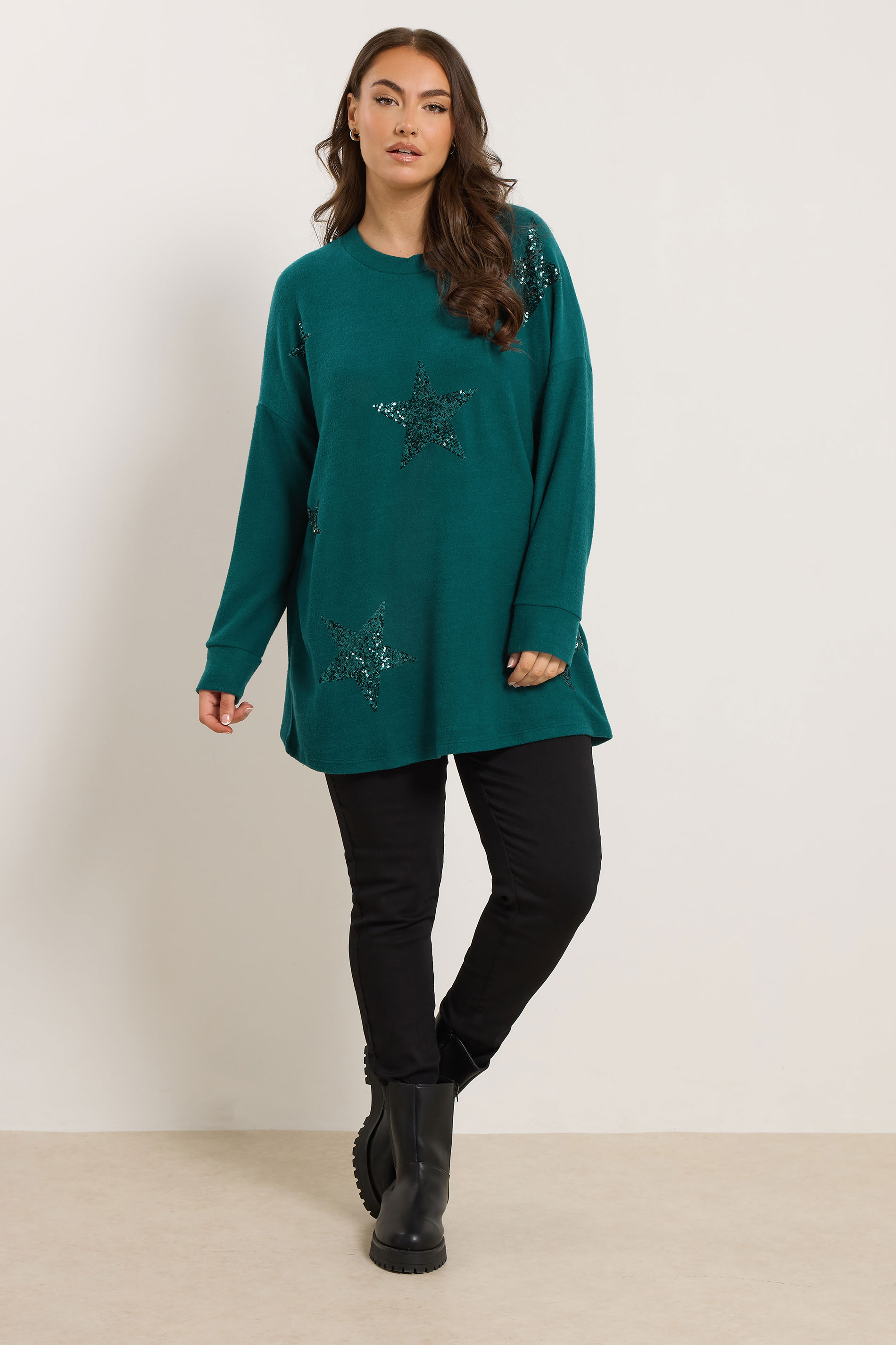 YOURS Plus Size Teal Green Sequin Embellished Star Jumper | Yours Clothing 1