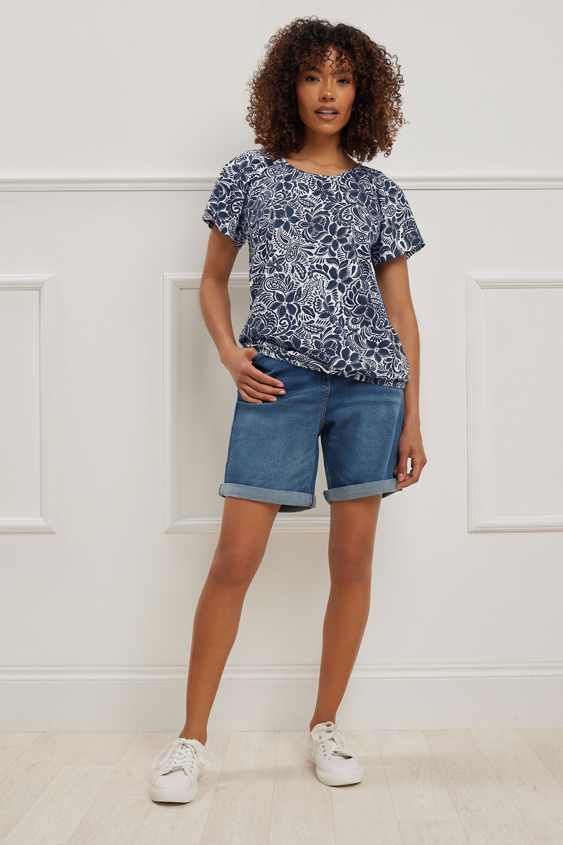  M&Co Navy Blue Floral Print Cotton Scoop Neck T-Shirt | M&Co 1